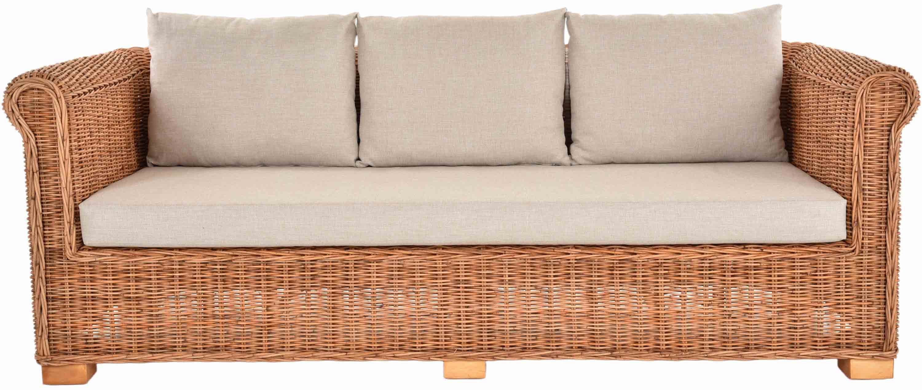 Krines Home Loungesofa Wohnzimmer-Sofa Nizza aus echtem, ungeschältem Rattan Lounge-Sofa, Dreisitzer mit Polster