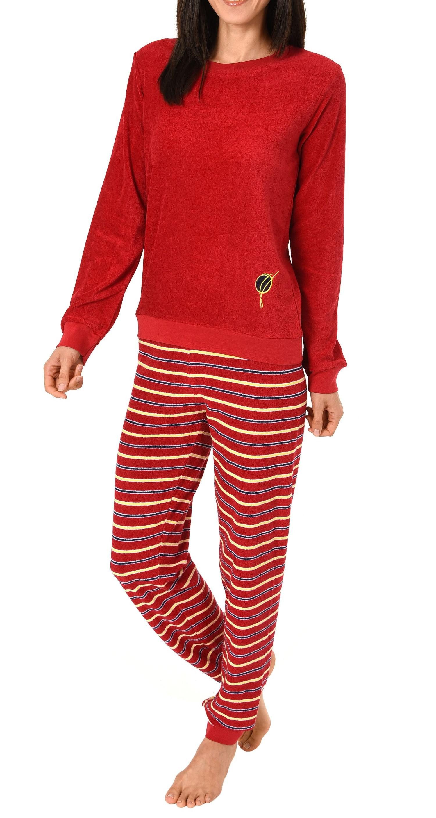 Normann Pyjama Damen Frottee Pyjama langarm mit Bündchen, Hose gestreift