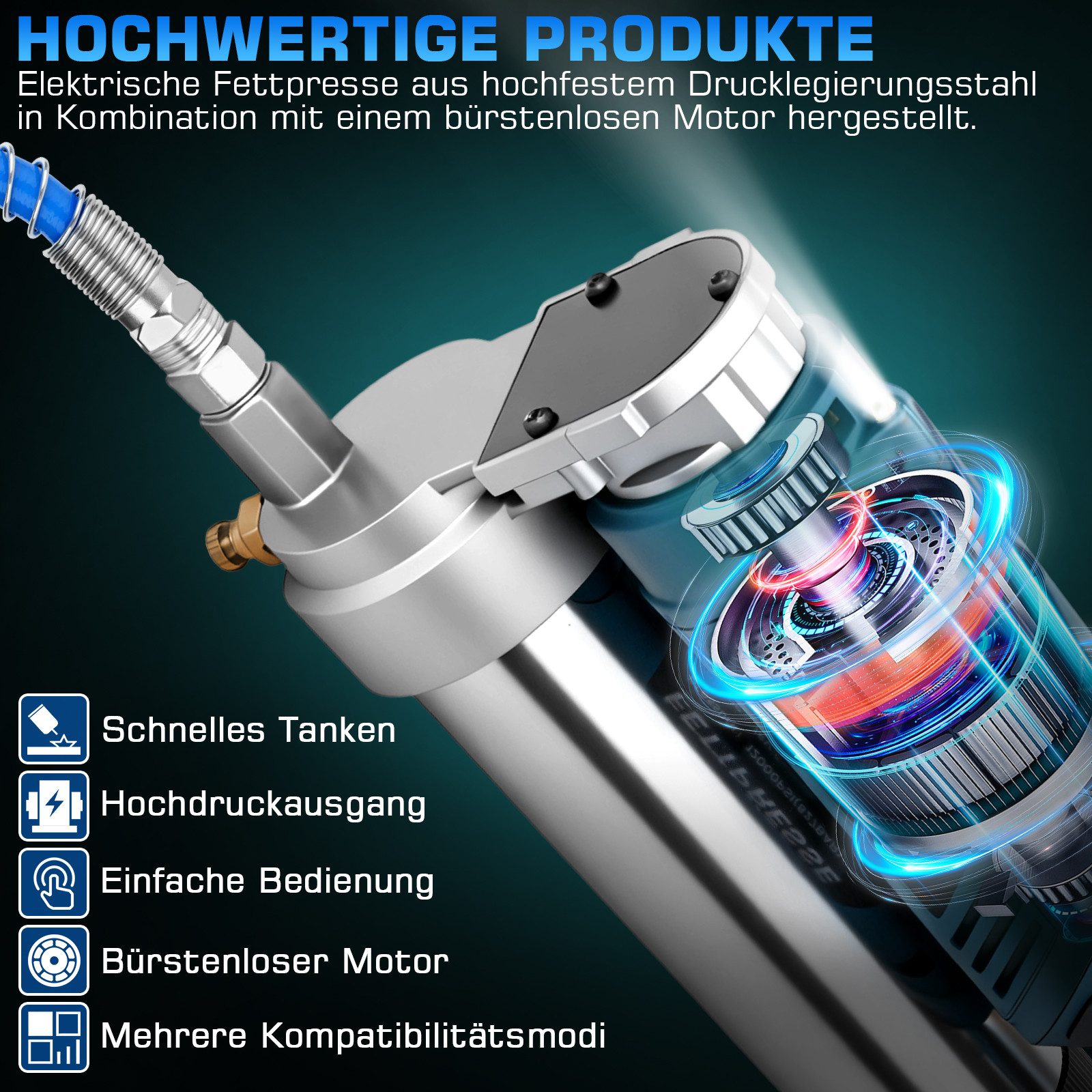 XERSEK Akku-Kartuschenpistole Akku Fettpresse 2-in-1 Elektrische Schmierpistole 12000 PSI 3 Düse, 600 ml, (Set, 2 Akkus Bürstenloser Motor, 100cm Flexschlauch, LED, 600g Kapazität), Für Lager, Hydraulik, Maschinen, Fahrzeuge, Landwirtschaft & Bau
