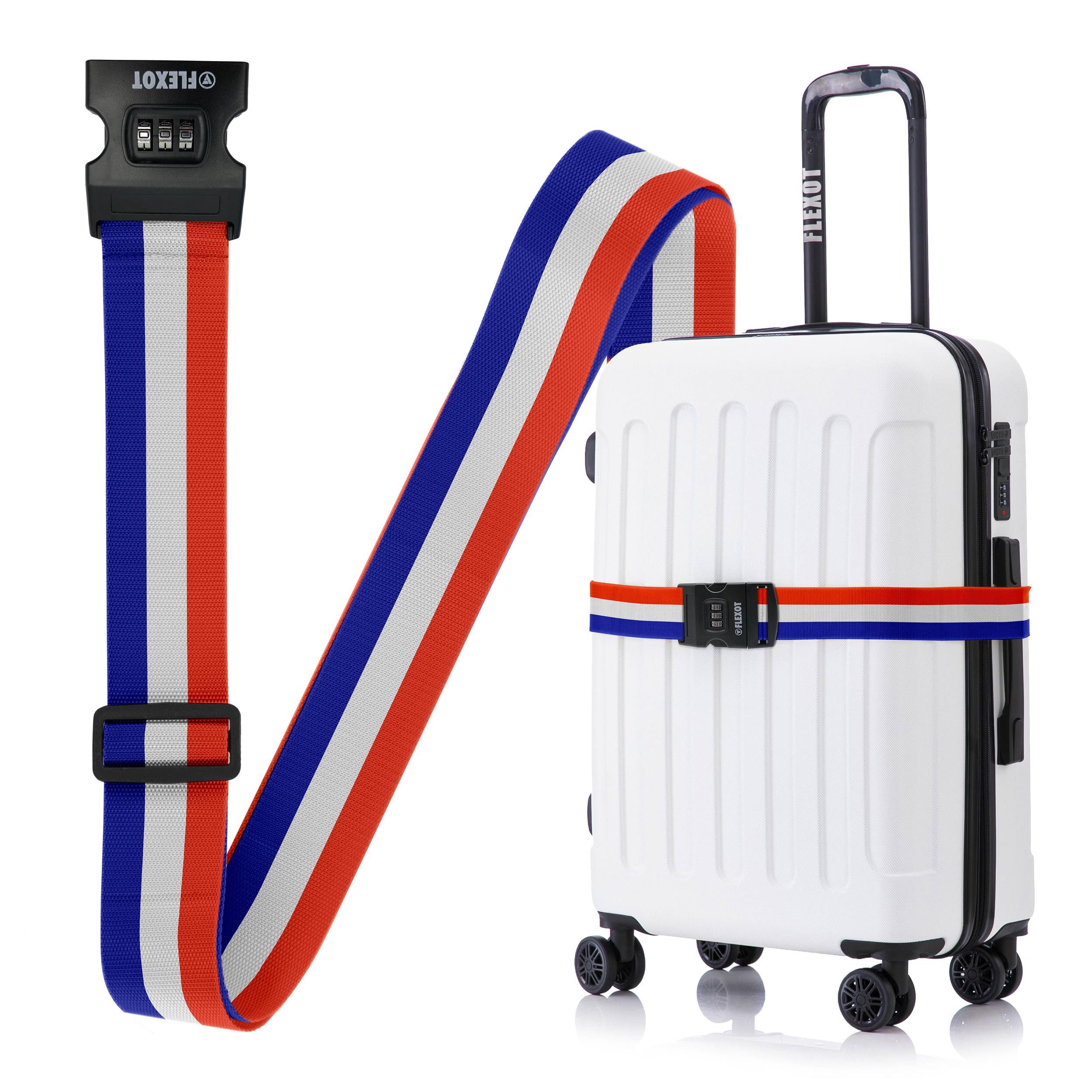 Flexot Koffergurt Koffergurt mit Zahlenschloss, verstellbare Länge, Namensschild, Flexibel anpassbarer und stabiler Gurt mit praktischer Schnalle