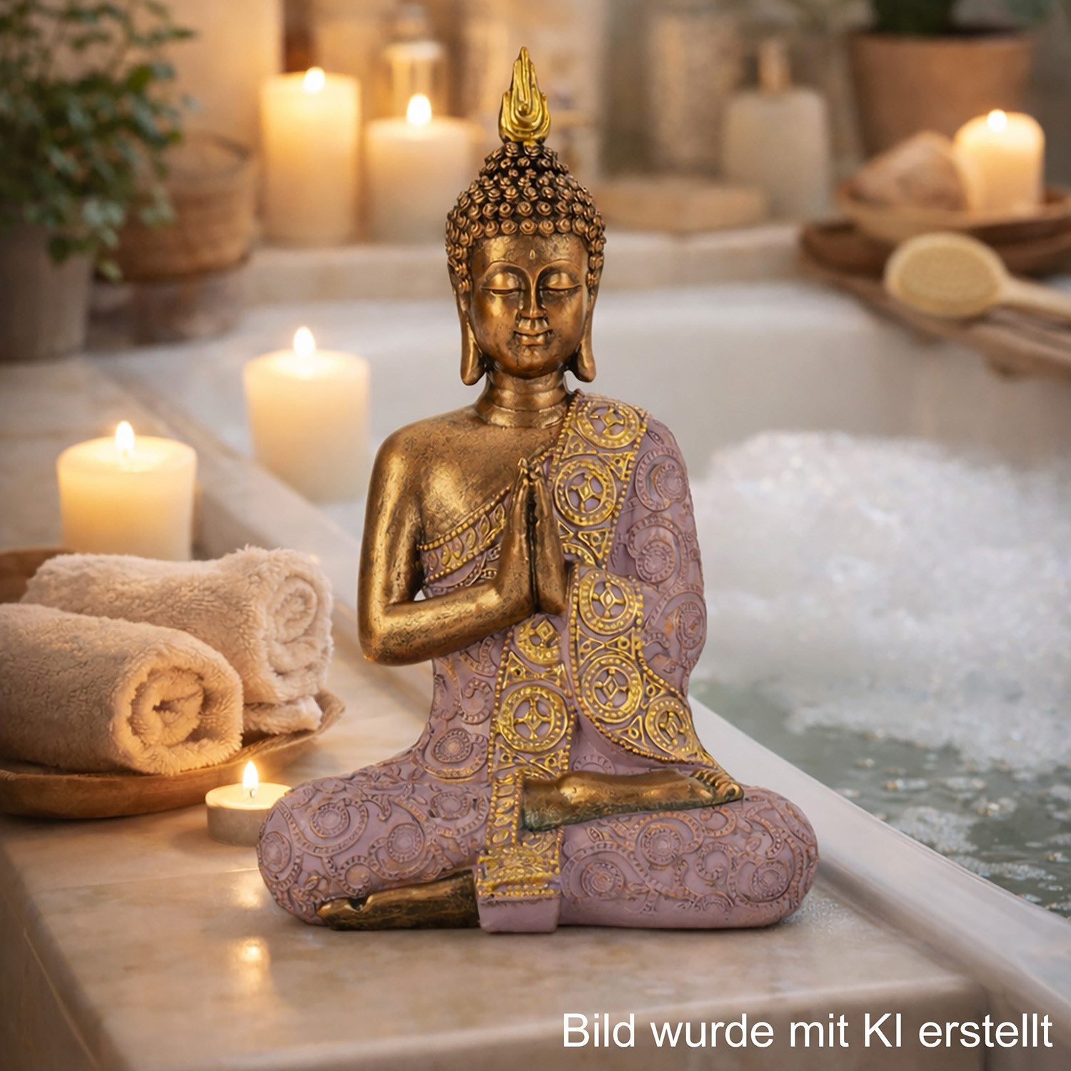 XiRRiX Dekofigur Buddha Figur in Lila / Flieder – Dekoobjekt aus Polyresin (Meditations Deko Statue), für Wohnzimmer, Wellness & spirituelle Wohnraumdekoration