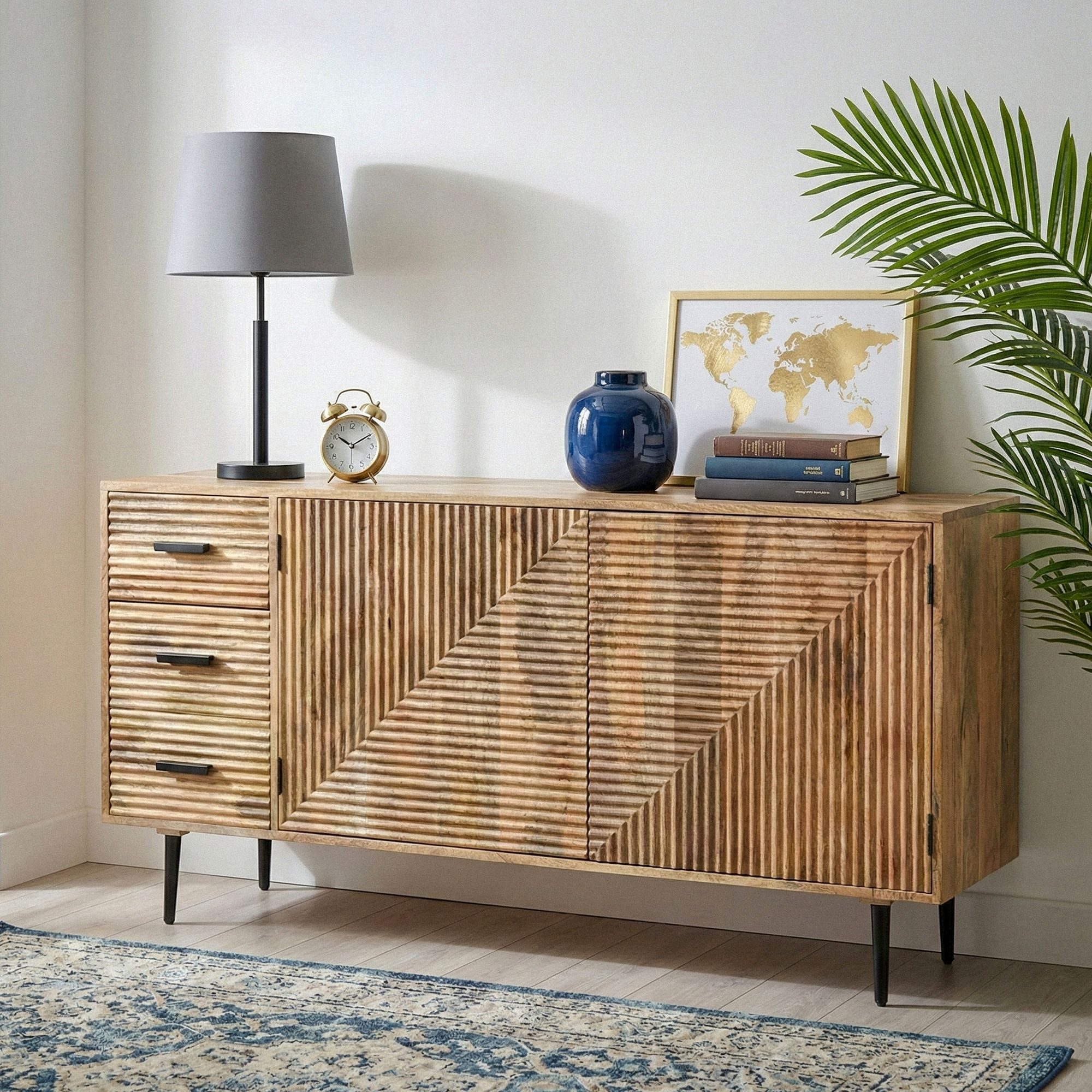 Wohnling Sideboard WL7.619 Kommode Massivholz 160cm Standschrank Anrichte Flurschrank (Ausdrucksstarkes Design mit Struktur), Natürliche Maserung trifft Loft Stil