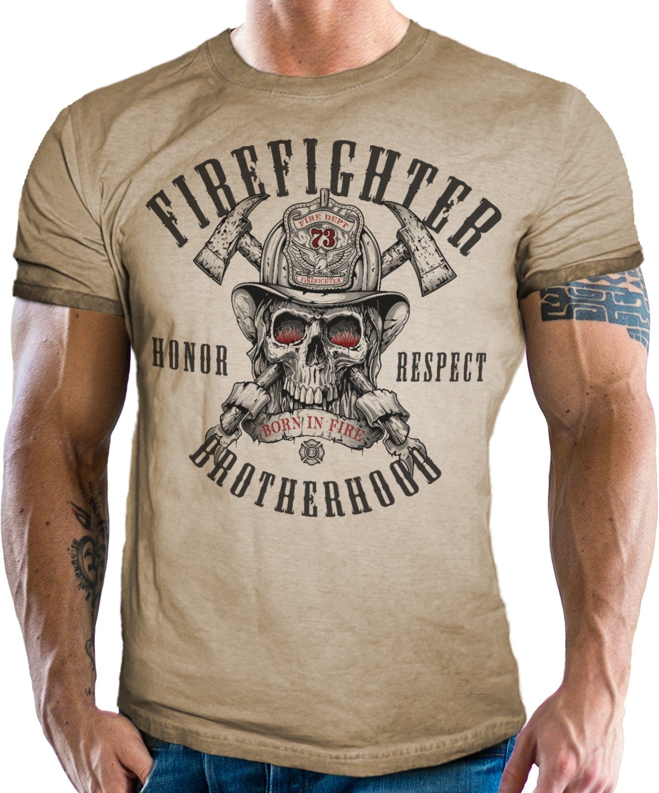 T-Shirt - für im LOBO NEGRO® vintage Look Sand used Feuerwehr-Männer used Firefighter Brotherhood