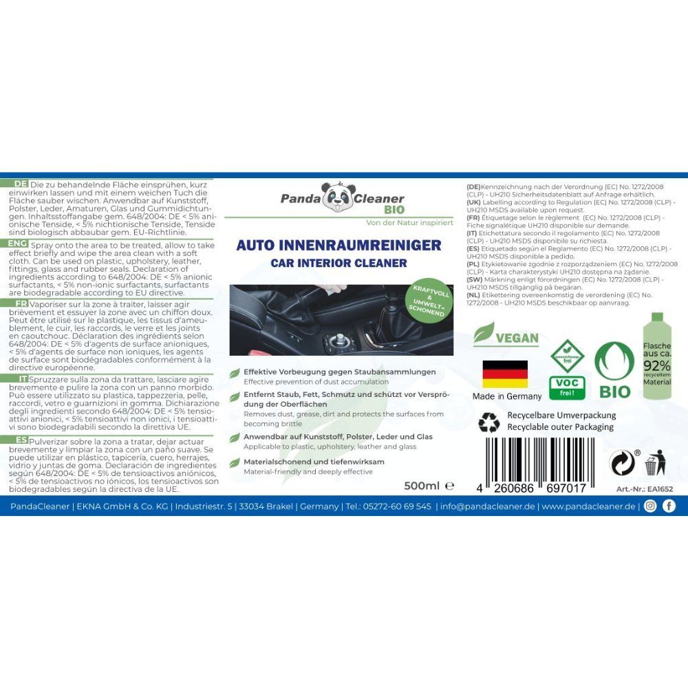 PandaCleaner Auto Innenraum Pflege - Autopflege - Autopflege Set Auto-Reinigungsmittel  (Set, [3-St. 1 x Sprühkopf & Tuch + Reiniger 500ml)