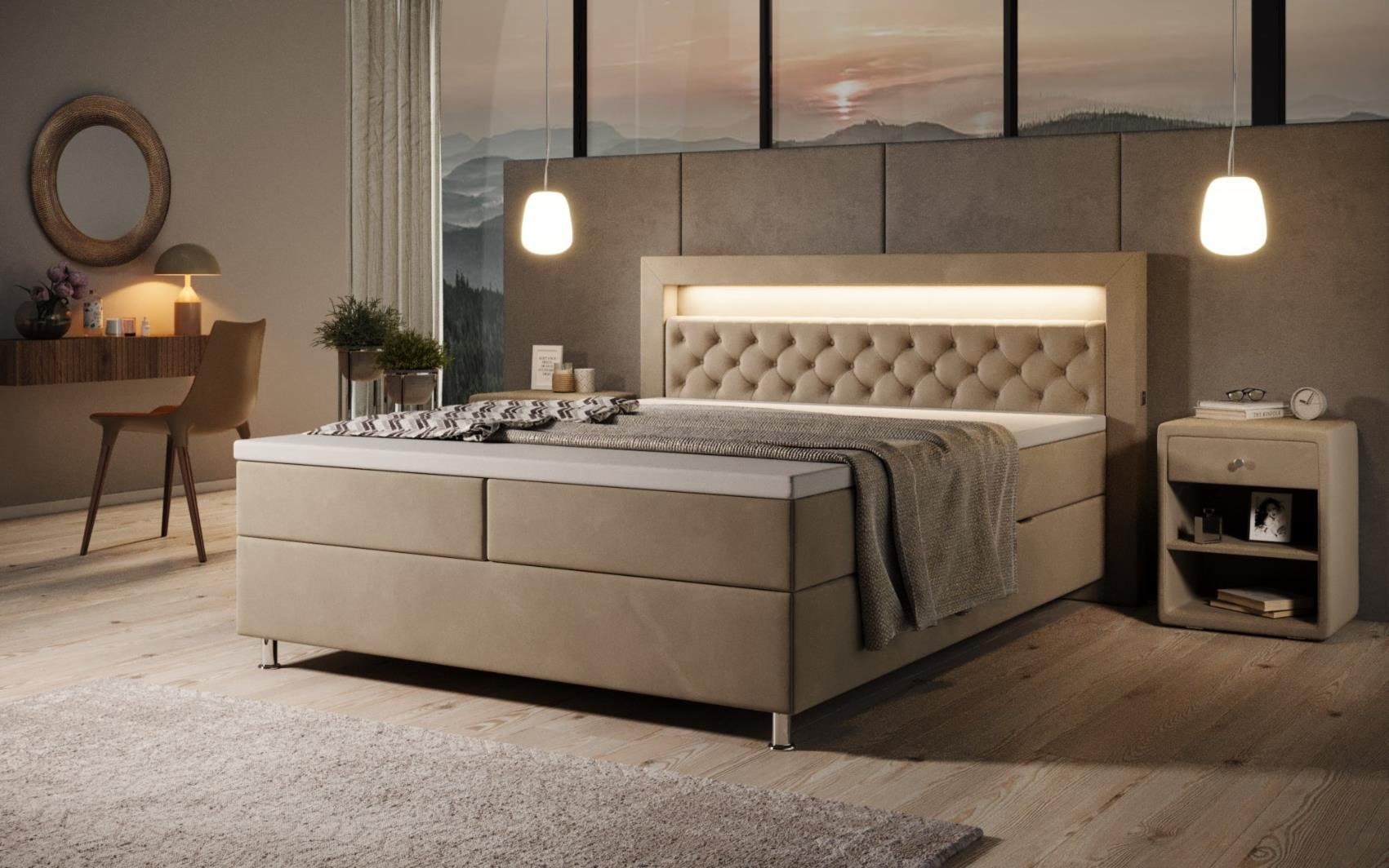 Luxusbetten24 Boxspringbett Troja, mit RGB, USB und Stauraum Beige