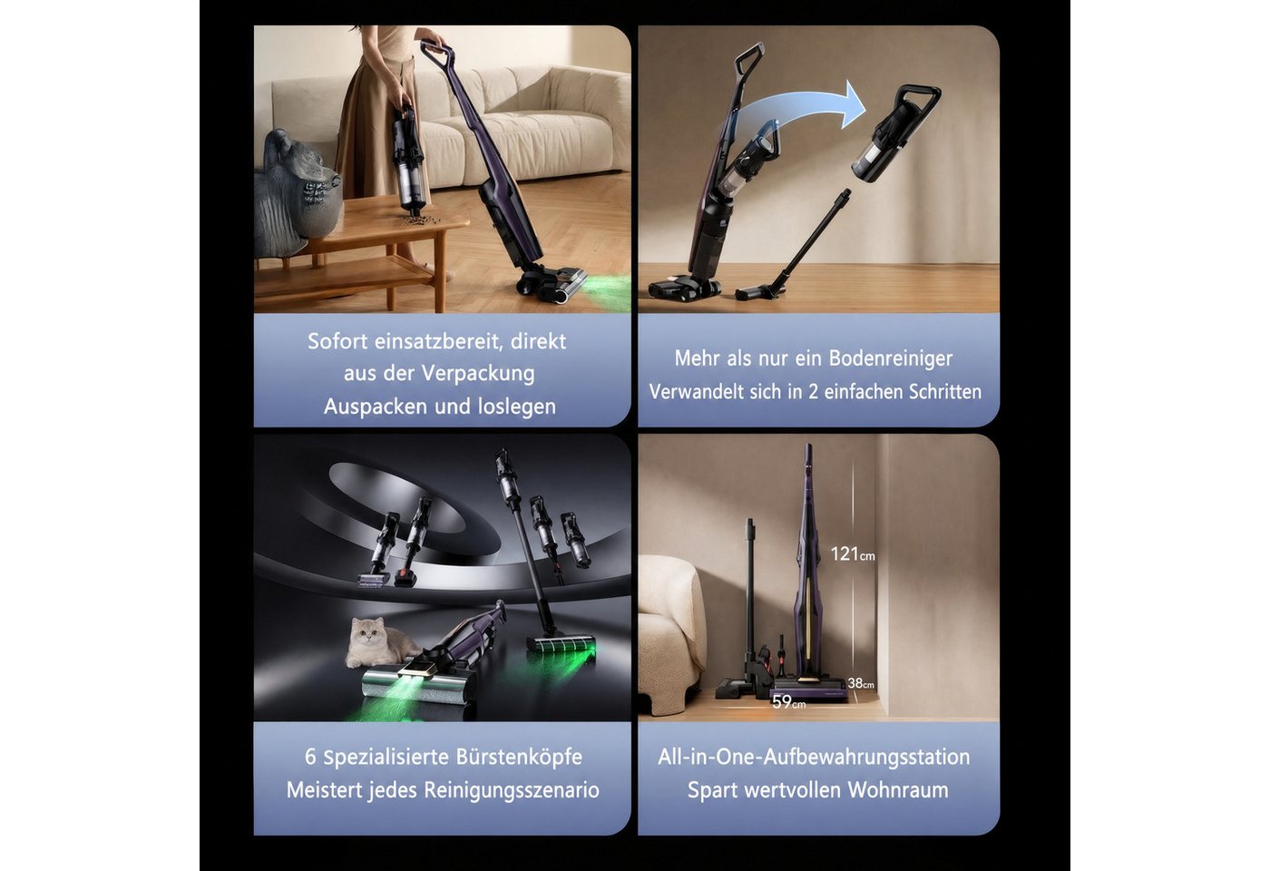 Deerma Nass-Trocken-Akkusauger 6-in-1 Akku Staubsauger Kabellos 30KPa Saug Wisch LED Bodenstaubsauger, 450 W, beutellos, mit LED Grünlicht 180° Bodenbürste Selbstreinigung auf Knopfdruck