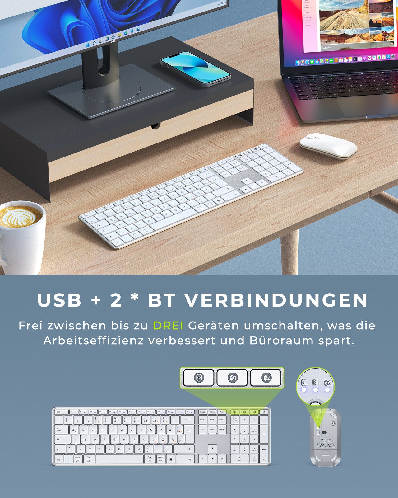 Seenda SKM64-3 Leise Bluetooth Tastatur mit Maus Wiederaufladbare Tastatur- und Maus-Set, (Set, 2 St., Ultradünne Leise Tastatur Maus Set kabellos), Dualmodus, Aufladbar und aus Metall