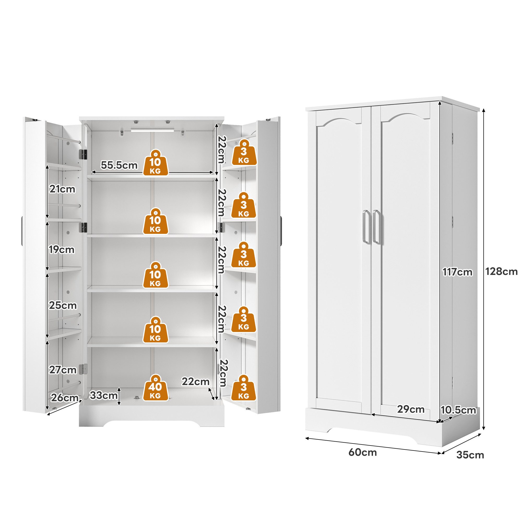 Flieks Hochschrank Küchenschrank mit LED-Sensorleuchte und verstellbaren Einlegeböden (B60/T35/H128 cm, 1-St., 1er Set) Speiseschrank mit Türablagen Mehrzwecksc – Bild 5 von 5