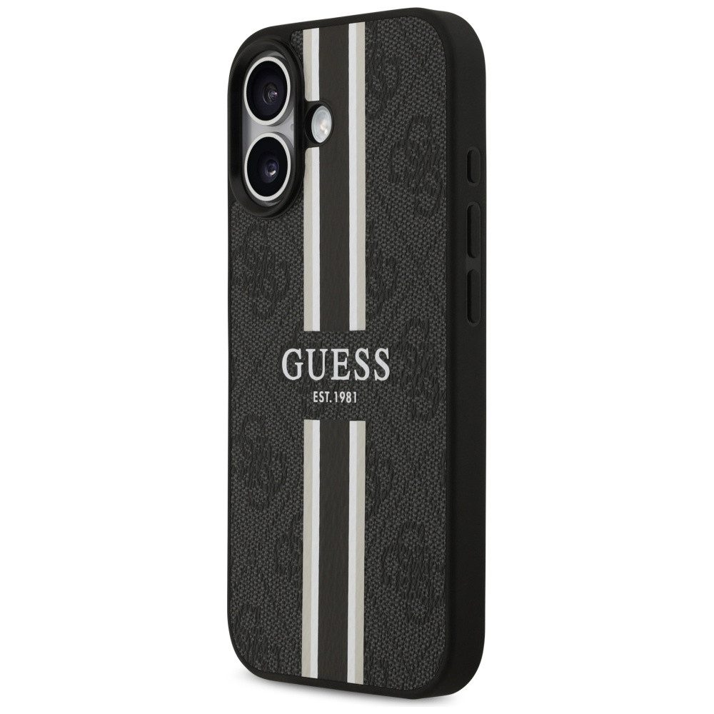 Guess Handyhülle Case iPhone 17 MagSafe Kunstleder grau Logo Streifen 6,3 Zoll, Kantenschutz