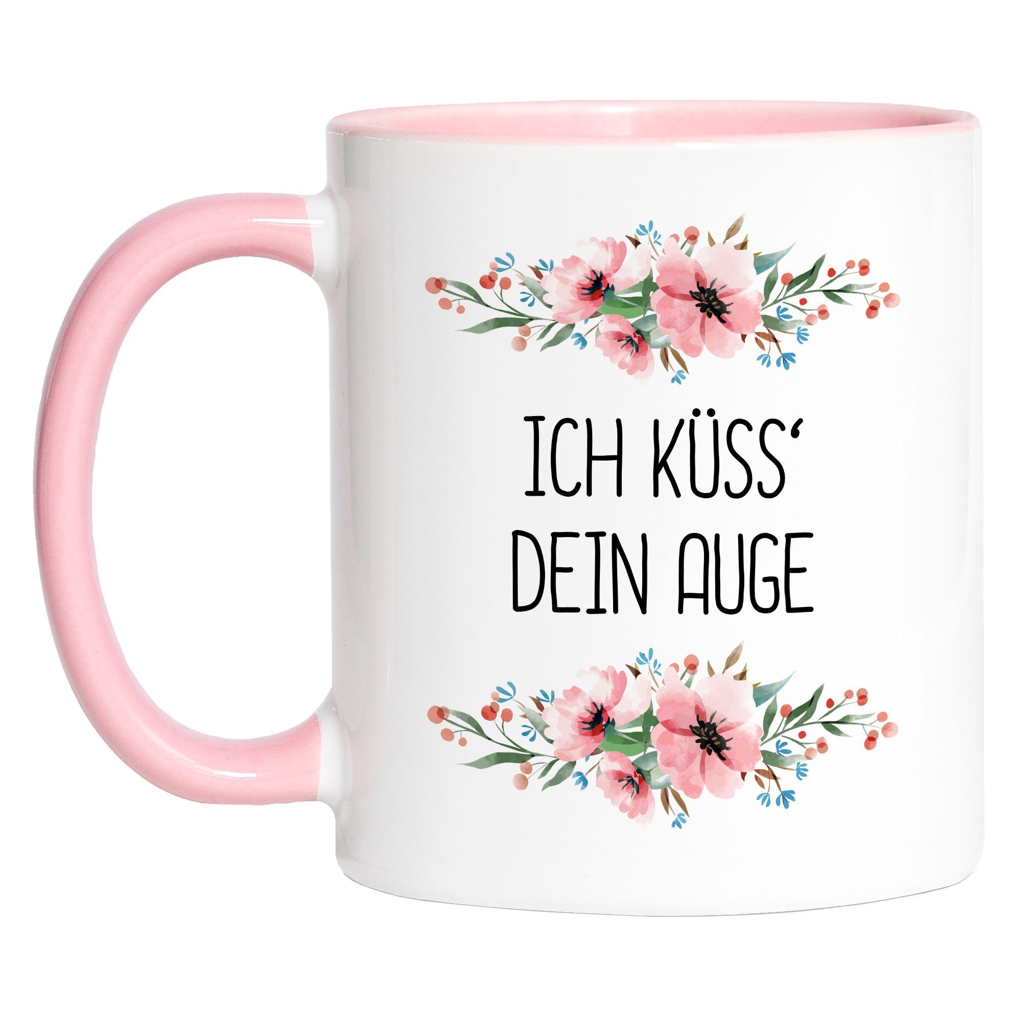 Hey!Print Tasse Tasse Schwarz mit Spruch Küsse dein Auge lustig sarkastisch humorvoll Kaffeetasse mit Blumen Motiv Geschenk, Keramik Rosa