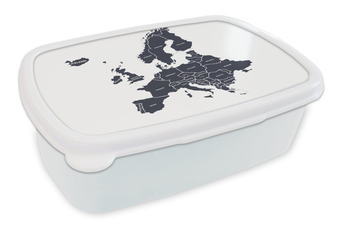 MuchoWow Lunchbox Karte - Europa - Blau, Kunststoff, (2-tlg), Brotbox für Kinder und Erwachsene, Brotdose, für Jungs und Mädchen weiß
