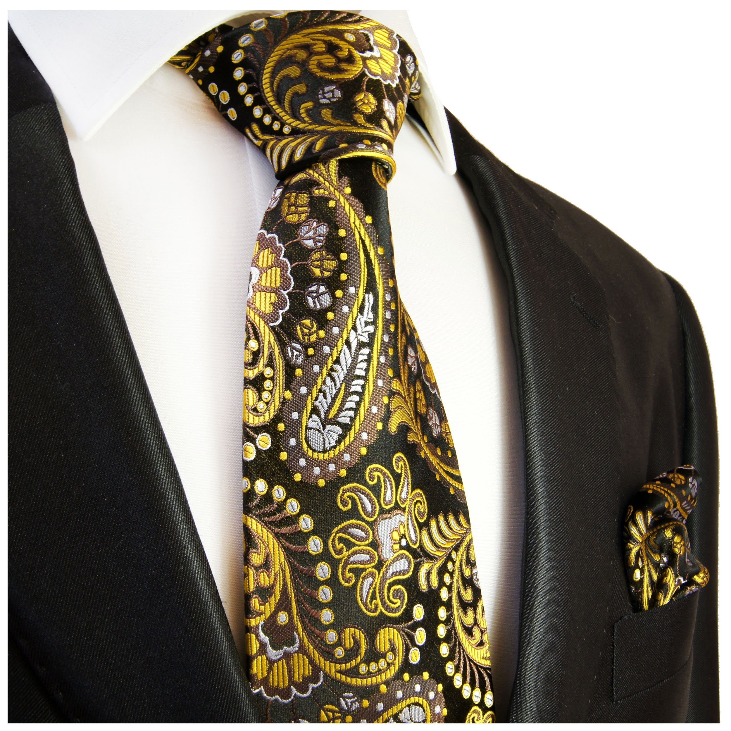 Paul Malone Krawatte Herren Seidenkrawatte mit Tuch paisley brokat Hochzeit 100% Seide (Set, 2-St., Krawatte mit Einstecktuch) Breit (8cm), gelb schwarz 550