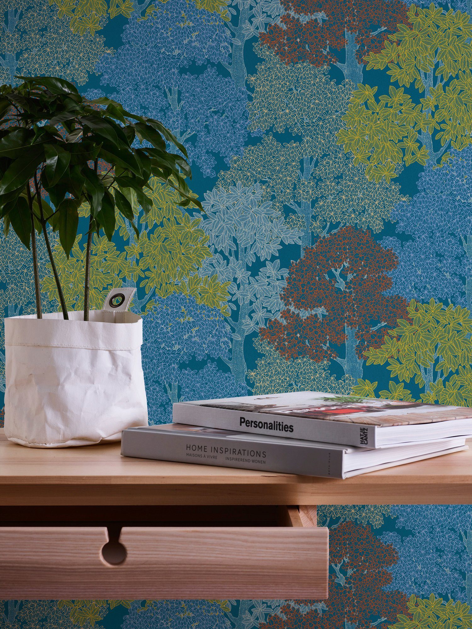 Wald Paper blau/gelb/rot Wald, Architects glatt, Impression, Tapete Blumentapete botanisch, Floral floral, Vliestapete