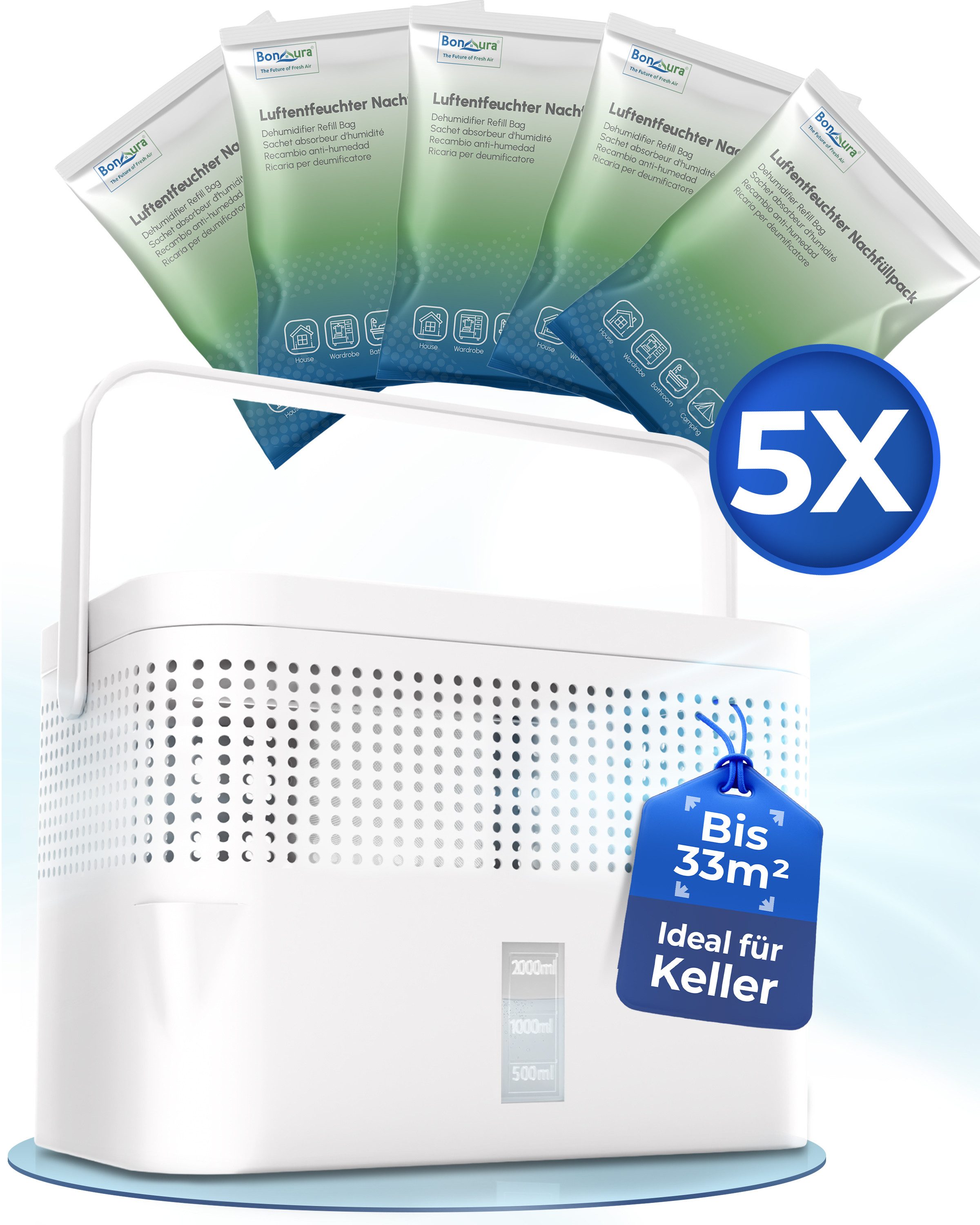 BonAura Luftentfeuchter ohne Strom, für 79 m³ Räume, Tank 2 l, 5 x 980g Gra günstig online kaufen
