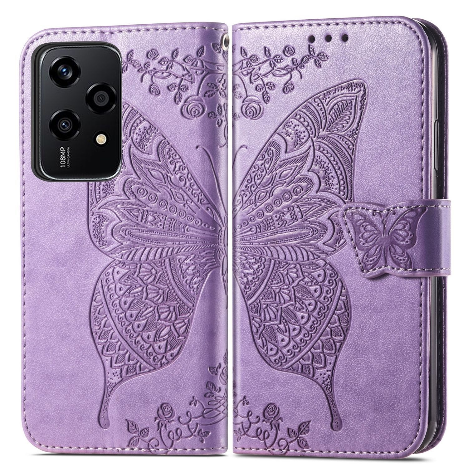 Wigento Smartphone-Hülle Für Honor 200 Lite Kunstleder Wallet Schmetterling Hülle Hell-Lila, Kunst-Leder Schutzhülle Smart Case Cover magnetischer Verschluss
