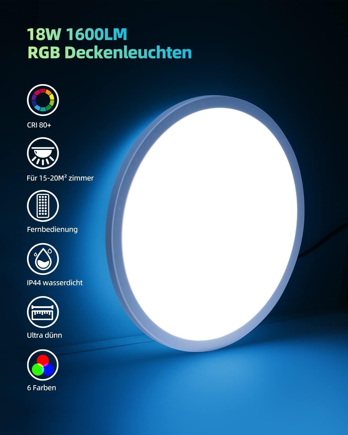 LED Fernbedienung integriert, 1600LM Daskoo 18W Ø295×25mm, RGB, Dimmen RGB Deckenlampe mit Deckenleuchten RGB, fest Stufenloses