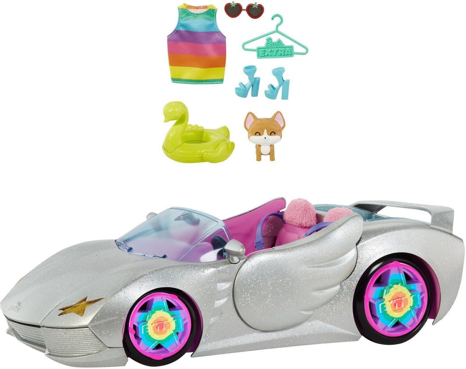 Barbie Spielzeug-Auto Cabrio - Glitzerndes Silbernes Auto für Barbie mit Scherentüren, Spielzeugauto für Kinder