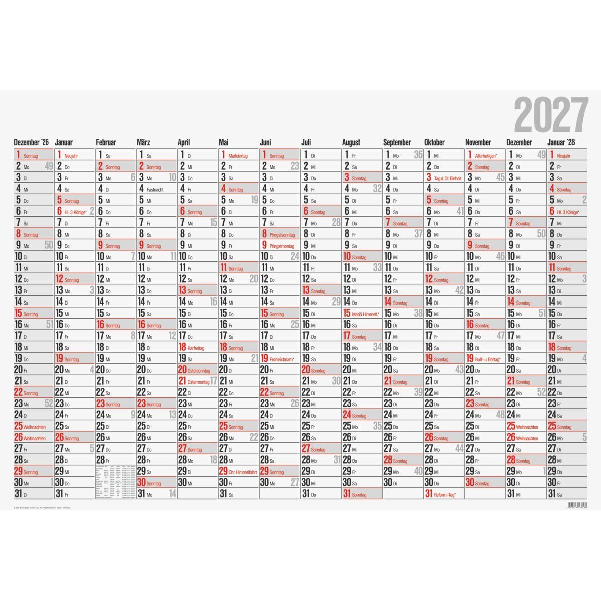 GLOCKEN Jahresplaner Plakatkalender 98x68,5cm 14 Monate Kalendarium 2027 (50 Stück)