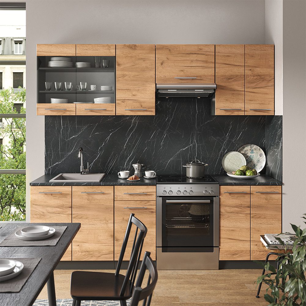 Vicco Küchenzeile Fame-Line, Goldkraft Eiche/Anthrazit, 240 cm, AP Anthrazit
