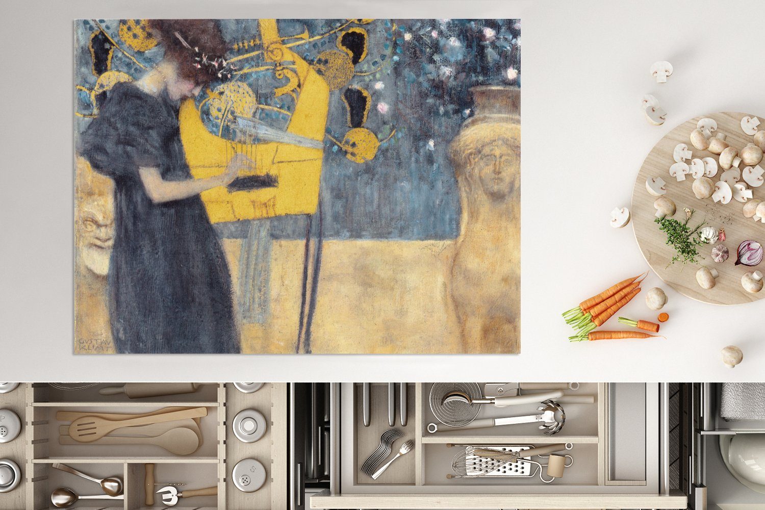 Ceranfeldabdeckung 70x52 von Arbeitsfläche Gemälde nutzbar, Musik - cm, MuchoWow Klimt, Mobile tlg), Gustav Vinyl, (1 Die Herdblende-/Abdeckplatte