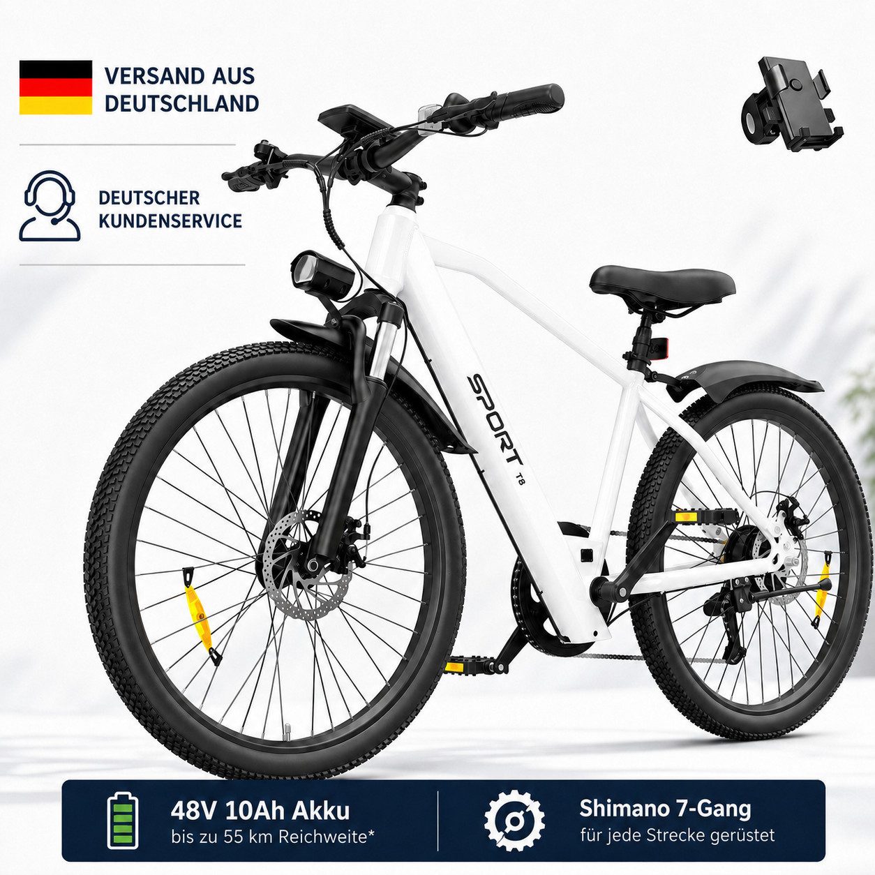 PixelPilot E-Bike Cityrad 26 Zoll Elektrofahrrad 48V 10Ah Akku, Shimano 7-Gang, Abnehmbarer Korb, 7 Gang, Nabenmotor, 468 Wh, (Packung)