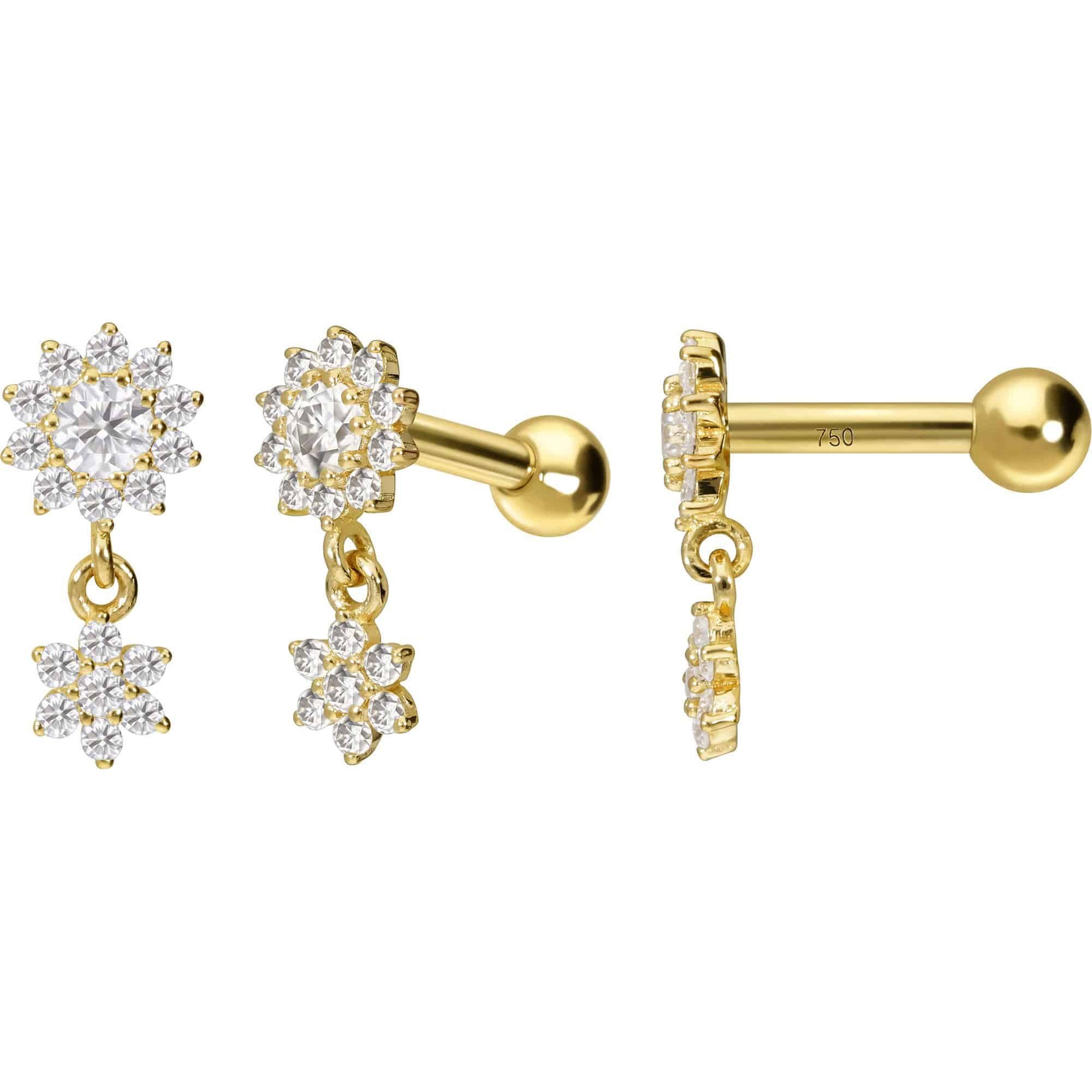 PIERCINGLINE Piercing-Set 14/18 Karat Gold Ohrpiercing 2 MOISSANIT-BLUMEN (Mini-Barbells, 1-tlg)