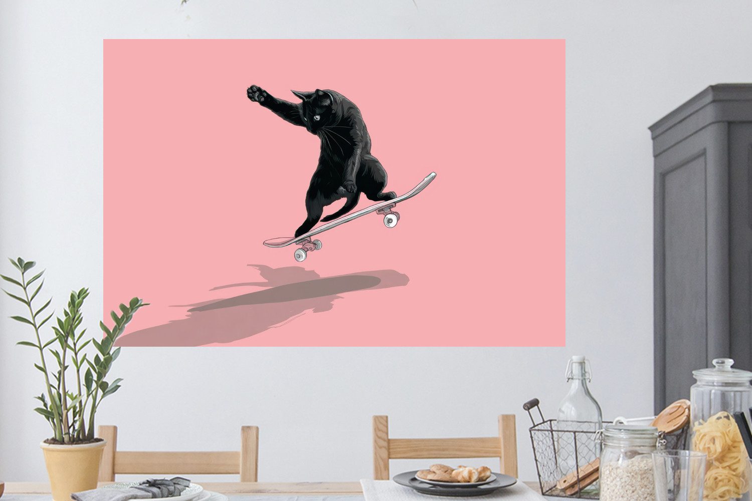 MuchoWow Wandsticker Katze - Skateboard - Rosa (1 St), Wanddeko, Aufkleber, Wandtattoo, 120x80 cm