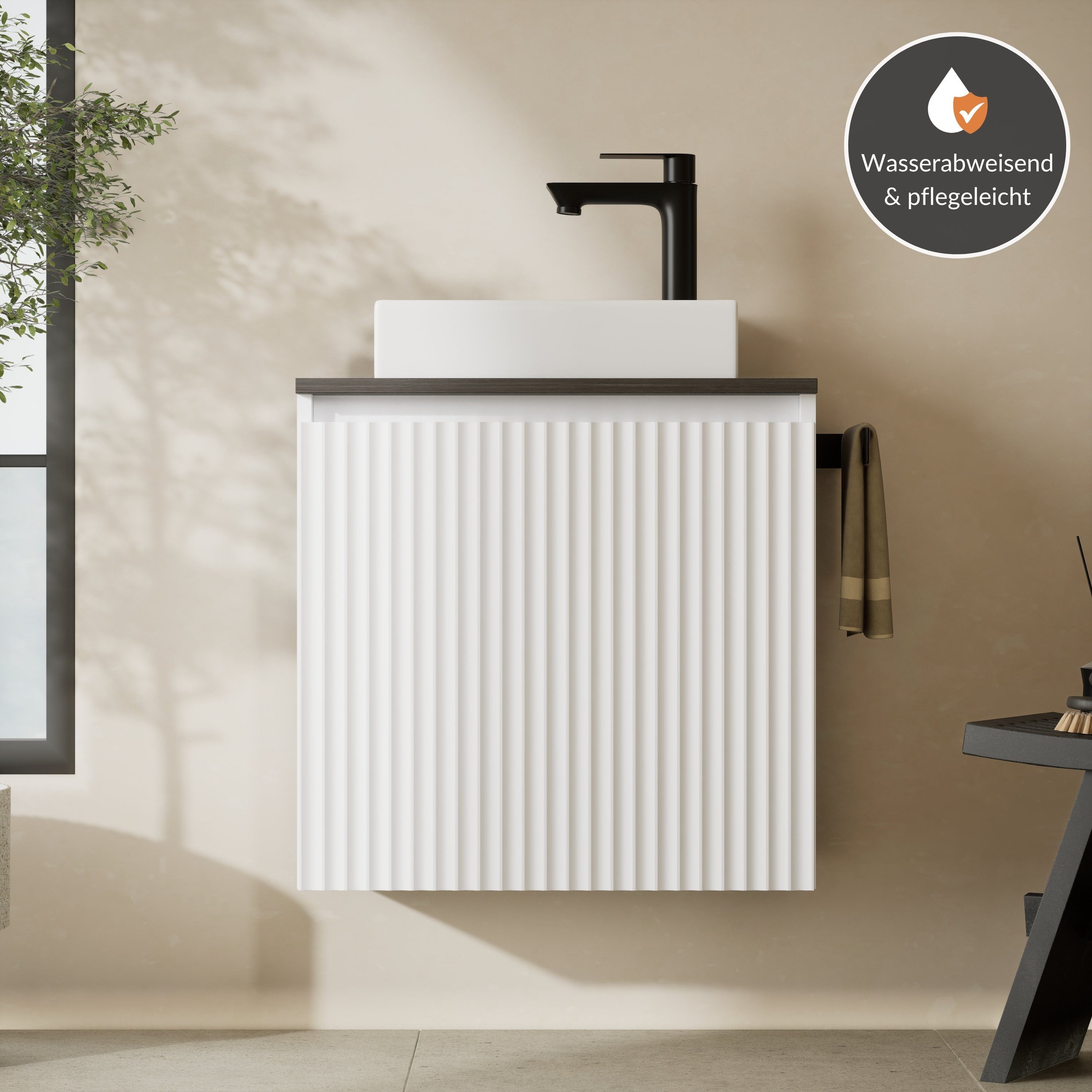 Planetmöbel Waschtisch Waschtisch 55 cm weiß matt (Badmöbel-Set für Gäste WC & Bad, moderner Waschtischunterschrank mit Waschbecken), Soft-Close und wählbare Waschtischplatte