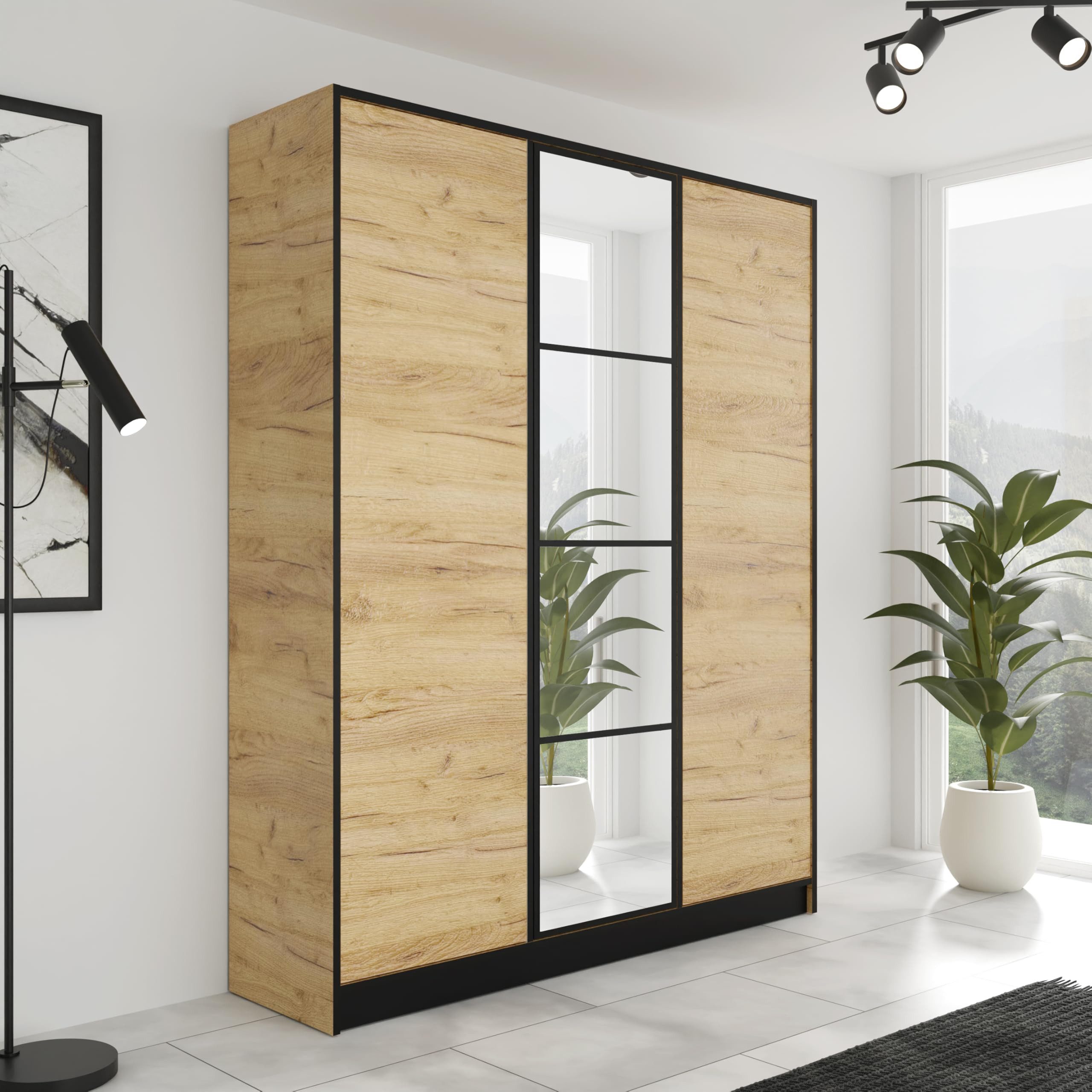 KIER FURNITURE Drehtürenschrank Kleiderschrank mit Spiegel - Schrank Schlafzimmer - Craft Eiche