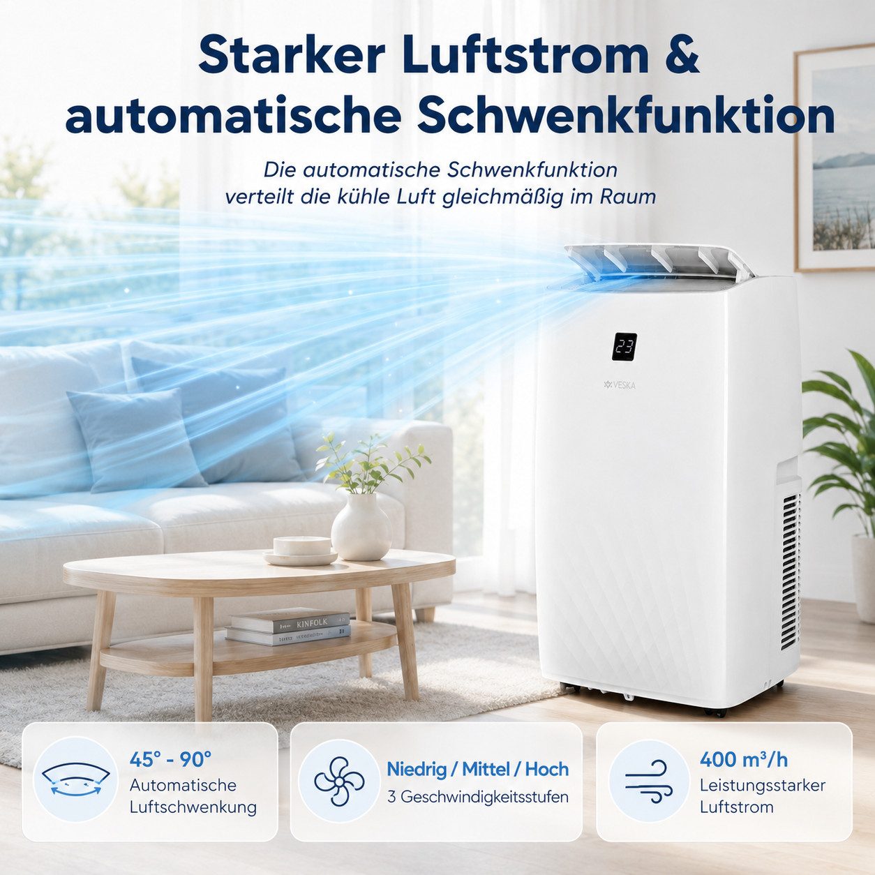 VESKA Klimagerät 4-in-1-Klimagerät 12000 BTU Mobile Klimaanlage Kühlgerät, Leise mit Fernbedienung, Timer, Digitaldisplay, Abluftschlauch