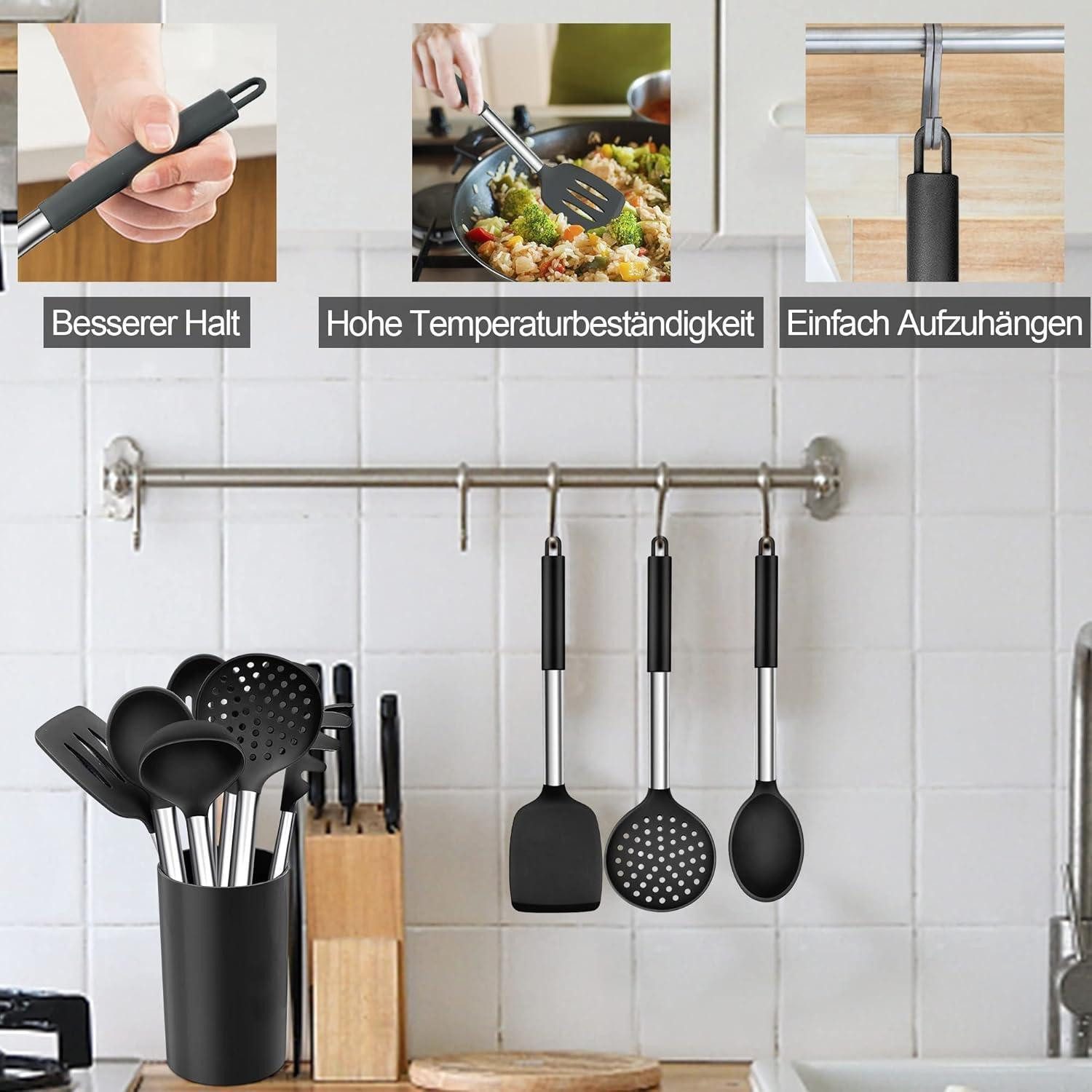 LuxusKollektion Kochbesteck-Set Küchenhelfer Set 8-teilig Silikon Utensilien Edelstahlgriff Antihaft – Bild 3 von 5
