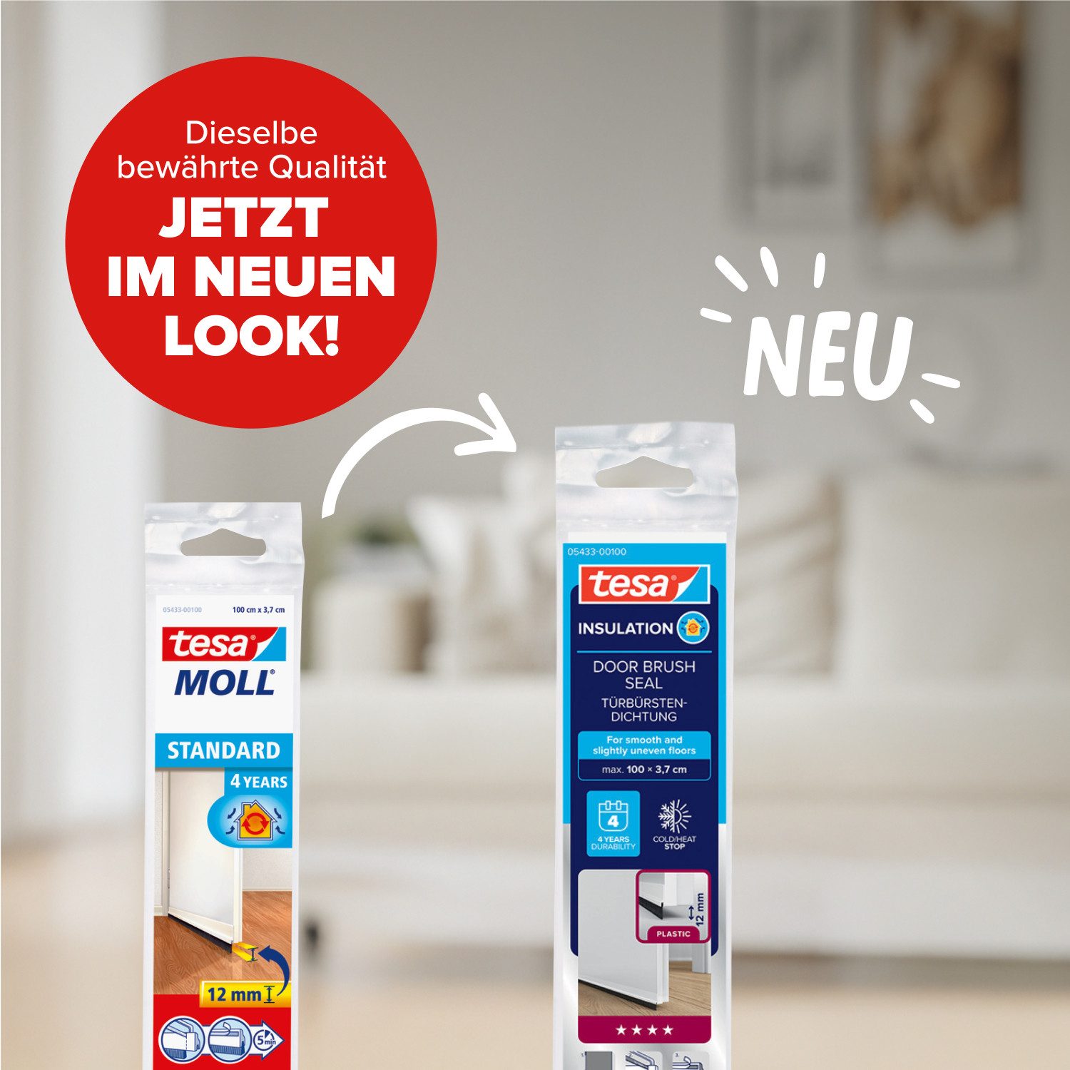 tesa Türbodendichtung INSULATION Türdichtschiene für glatte Böden, (Packung, 1-St., Türdichtschiene weiß - mit Bürstendichtung bis 12 mm), selbstklebende Türdichtung zum Schutz vor Zugluft