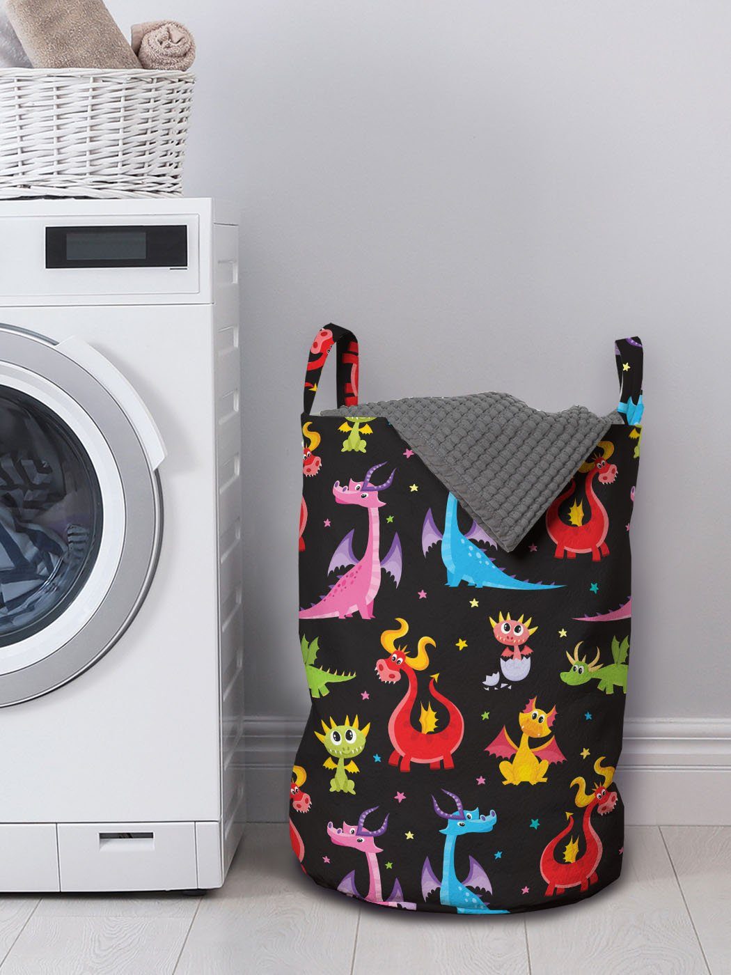 Schwarzem Wäschekorb Drachen Bunte Sterne Waschsalons, mit Abakuhaus auf Griffen für Kordelzugverschluss Wäschesäckchen