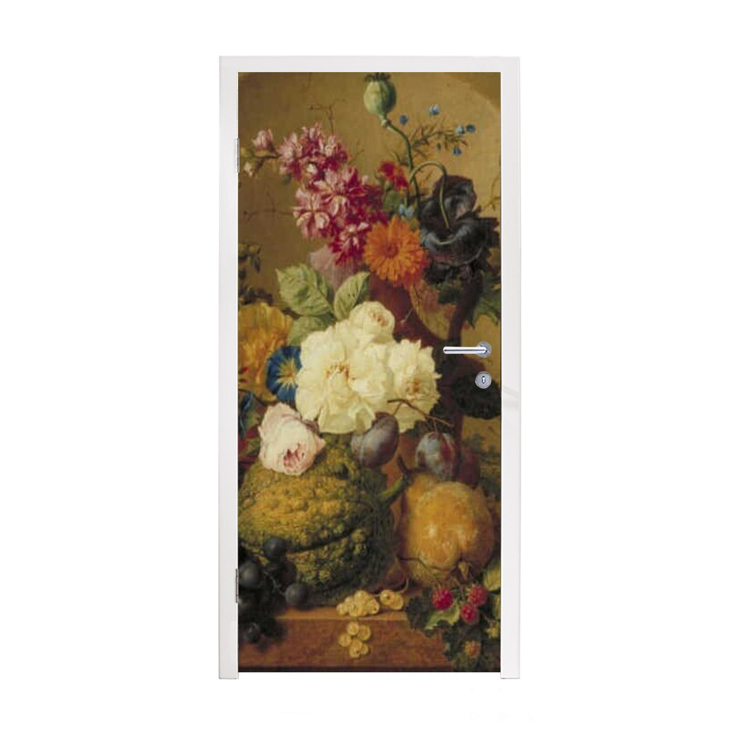 MuchoWow Türtapete Stilleben mit Obst und Blumen in einer Nische - Gemälde von G.J.J Van, Matt, bedruckt, (1 St), Fototapete für Tür, Türaufkleber, 75x205 cm