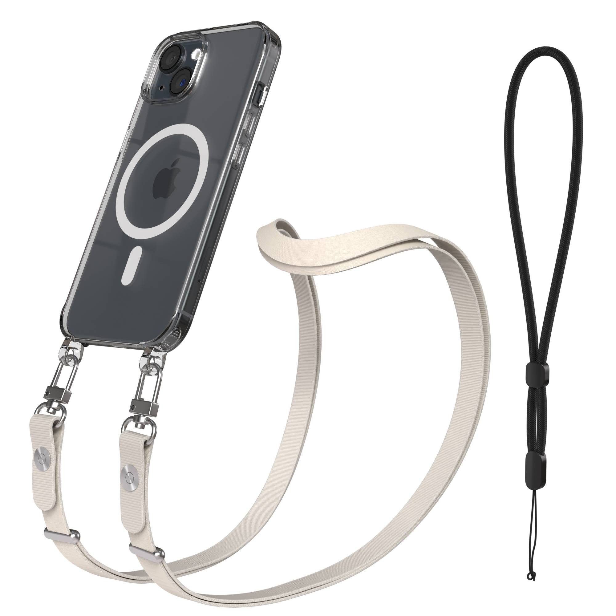 EAZY CASE Handykette für Apple iPhone 15 Handyhülle mit Handyband magnetisch, MagSafe Case in Taupe mit Handykette und Länge von 1 bis 1,90 m