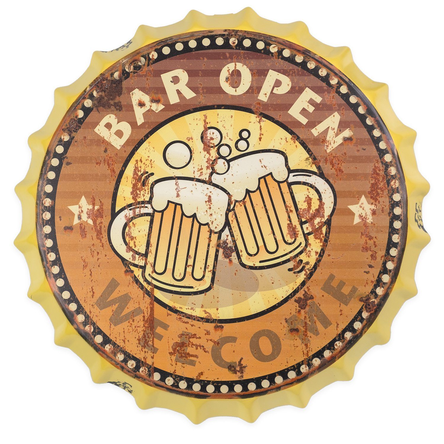 Moritz Metallschild Blechschild Kronkorken Bar Open Welcome, 33 x 33 cm Vintage Retro Deko Schild Metallschild Wandbild Schild