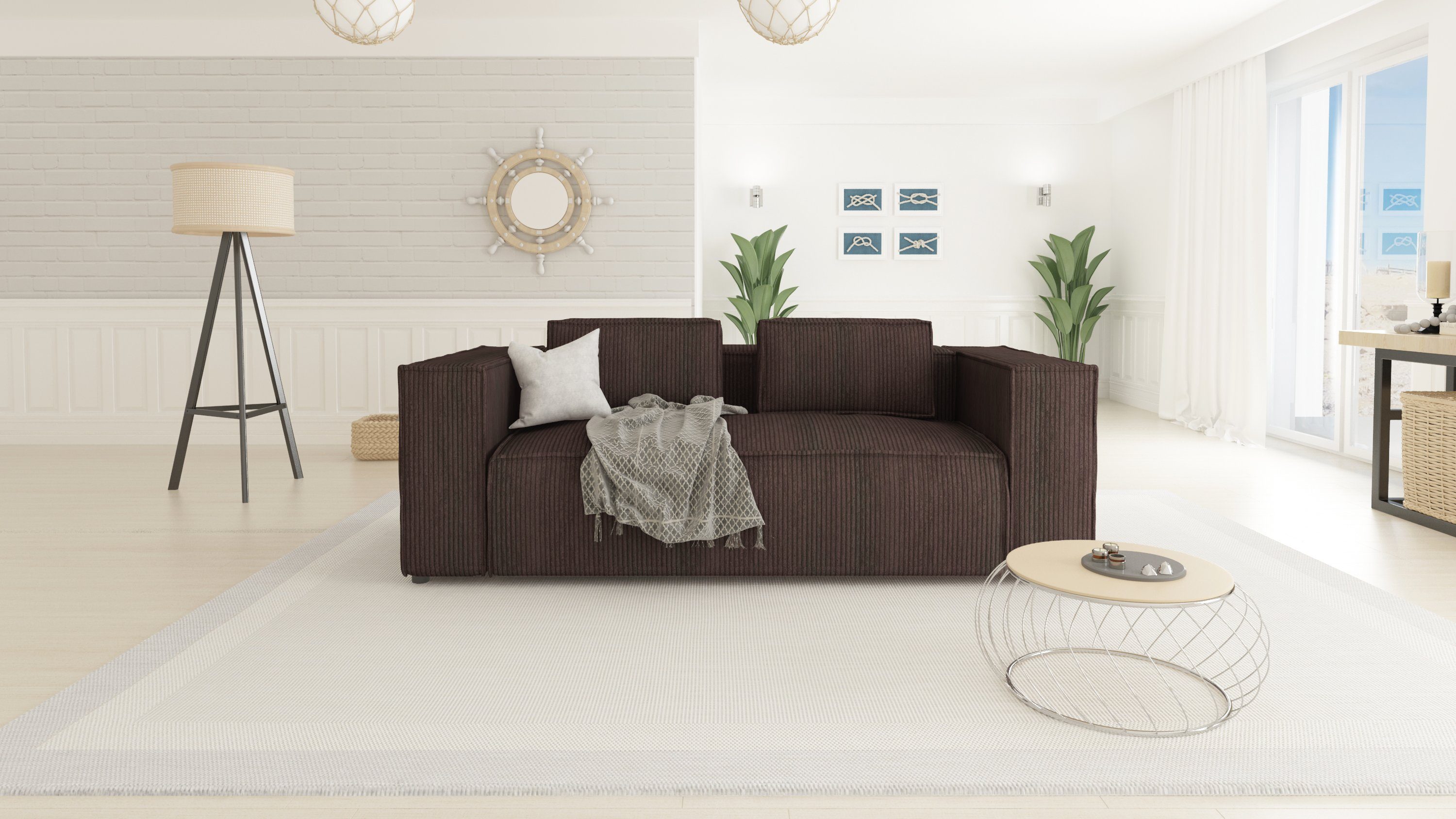 1 S-Style Sofa Cord Teile, Möbel Renne, Wellenfederung Dunkelbraun mit 2-Sitzer