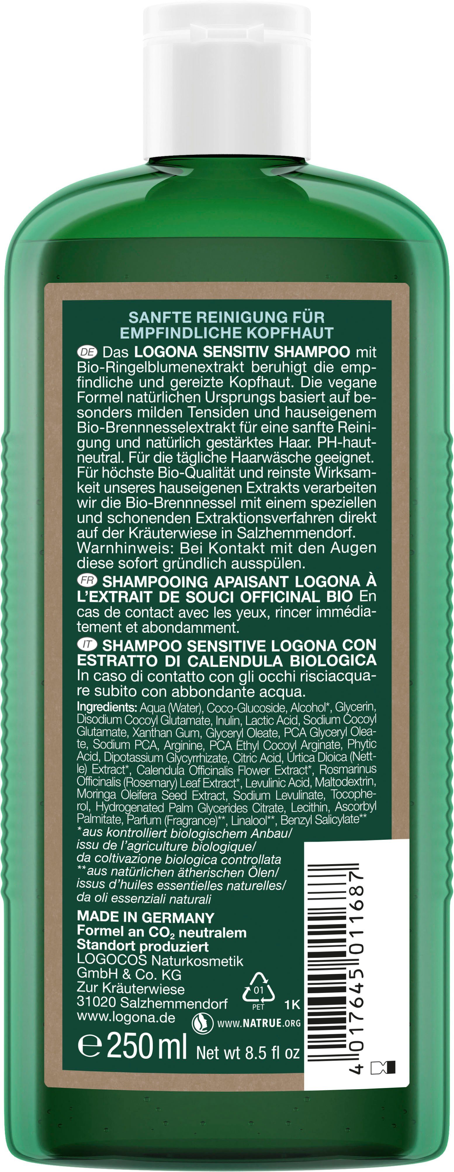 LOGONA Haarshampoo Logona Sensitiv Shampoo Bio-Akazie, Verpackung  recyceltem Kunststoff: FL 100% rPET, ET 50% rPE