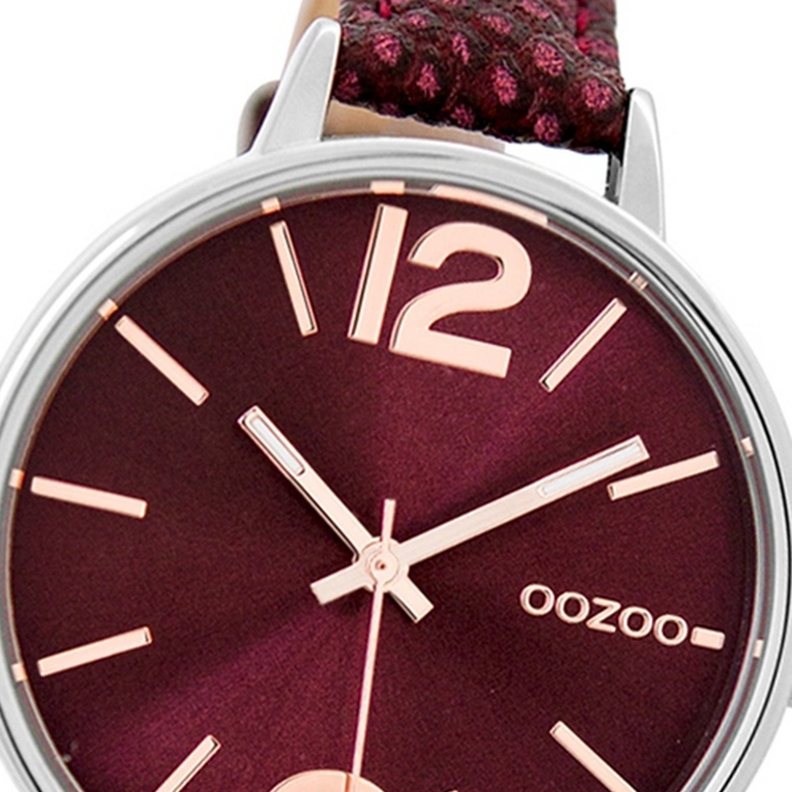 OOZOO Quarzuhr Oozoo Armband-Uhr mittel 38mm) Damenuhr (ca. Damen weinrot, Lederarmband, Fashion-Style rund