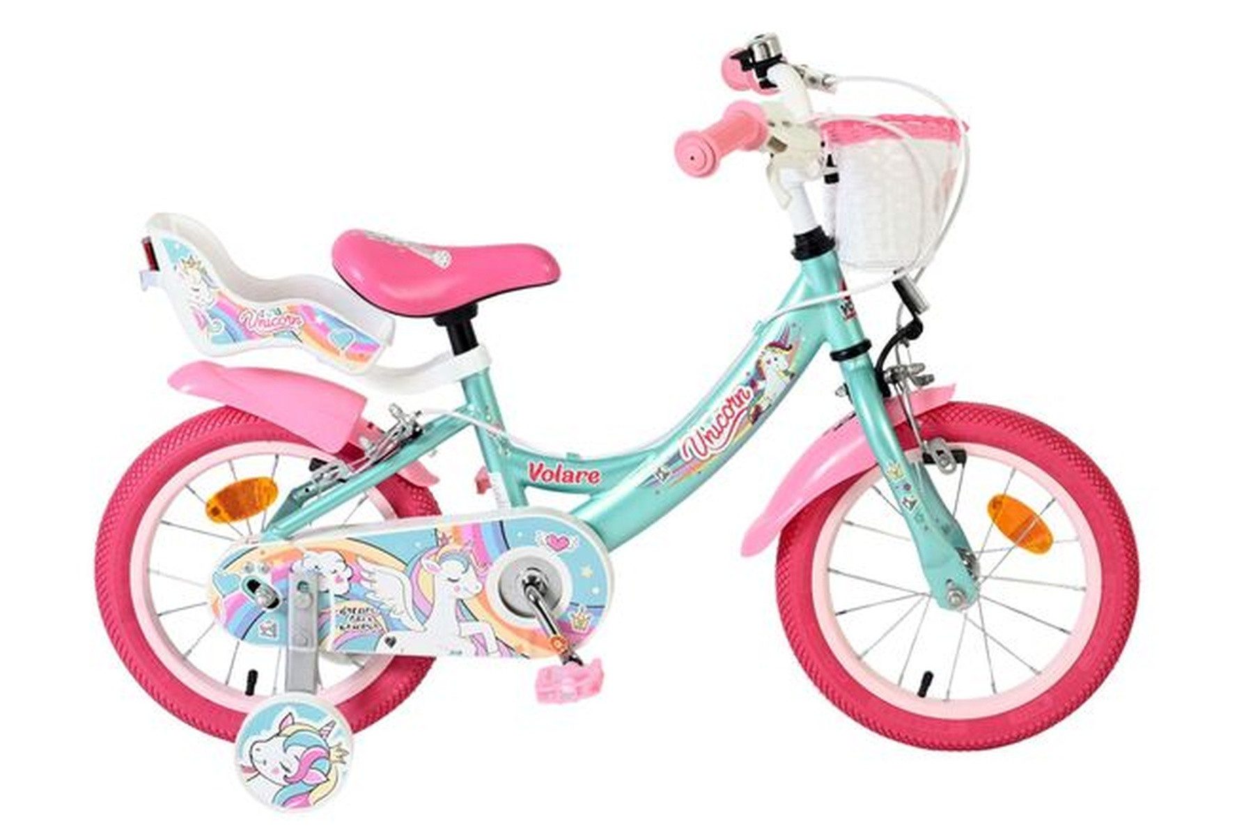 Volare Kinderfahrrad Unicorn Mädchen 14 Zoll Grün – zwei Handbremsen, sicherer Kettenkasten, Abnehmbare Stützräder, höhenverstellbarer Sattel (45,5–52