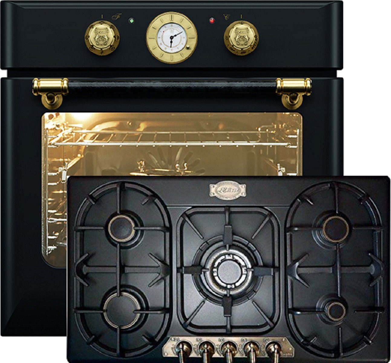 Kaiser Küchengeräte Backofen-Set Herd Set Autark Retro Einbau Backofen Elektro, 68 L, 60 cm+GasKochfeld Retro 90cm EH 6432 BE +KG 9325 Em., mit 1-fach-Teleskopauszug