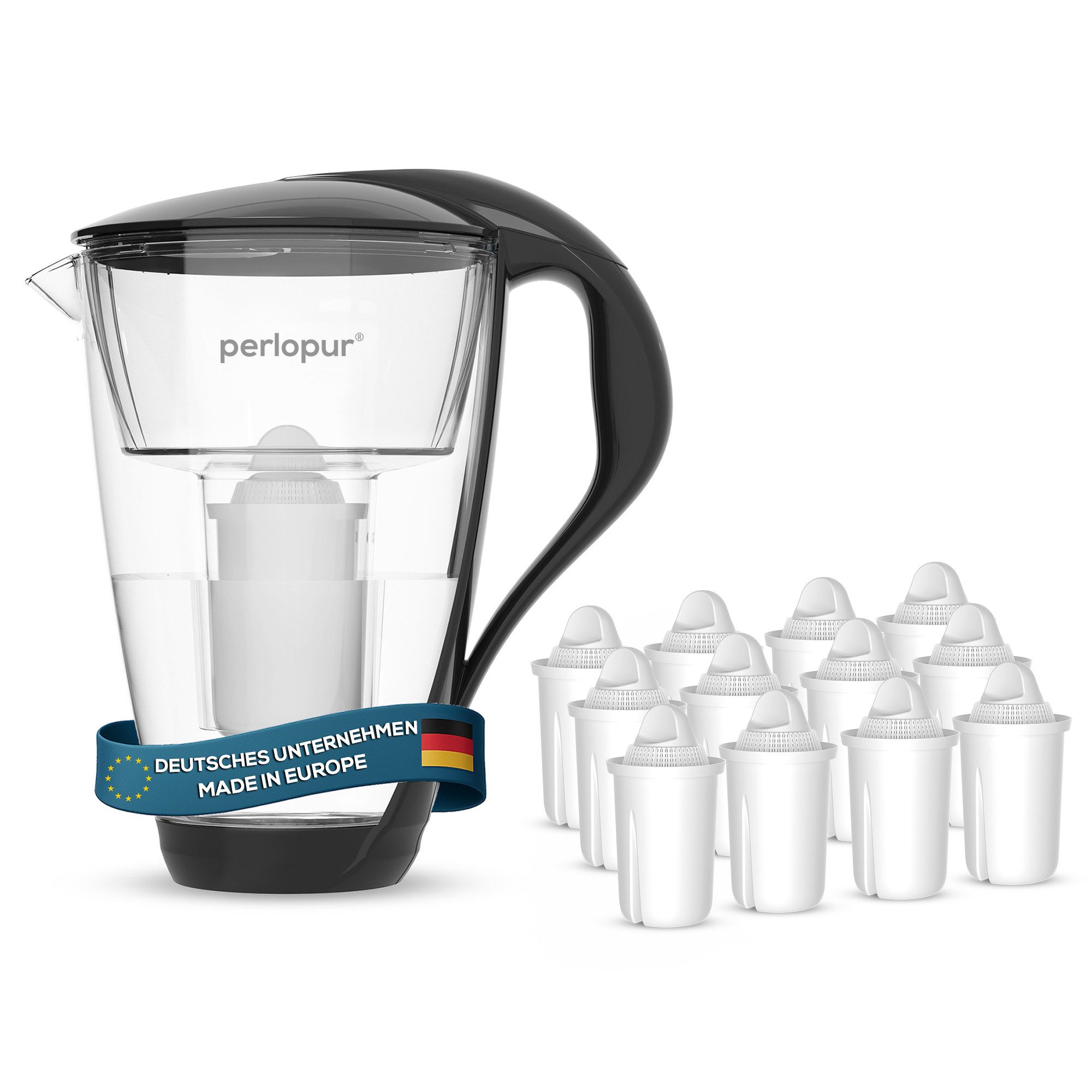 PerloPur Wasserfilter Glas Schwarz Inkl. 12 Universal Filterkartuschen, Zubehör für Brita Classic u. PearlCo Classic