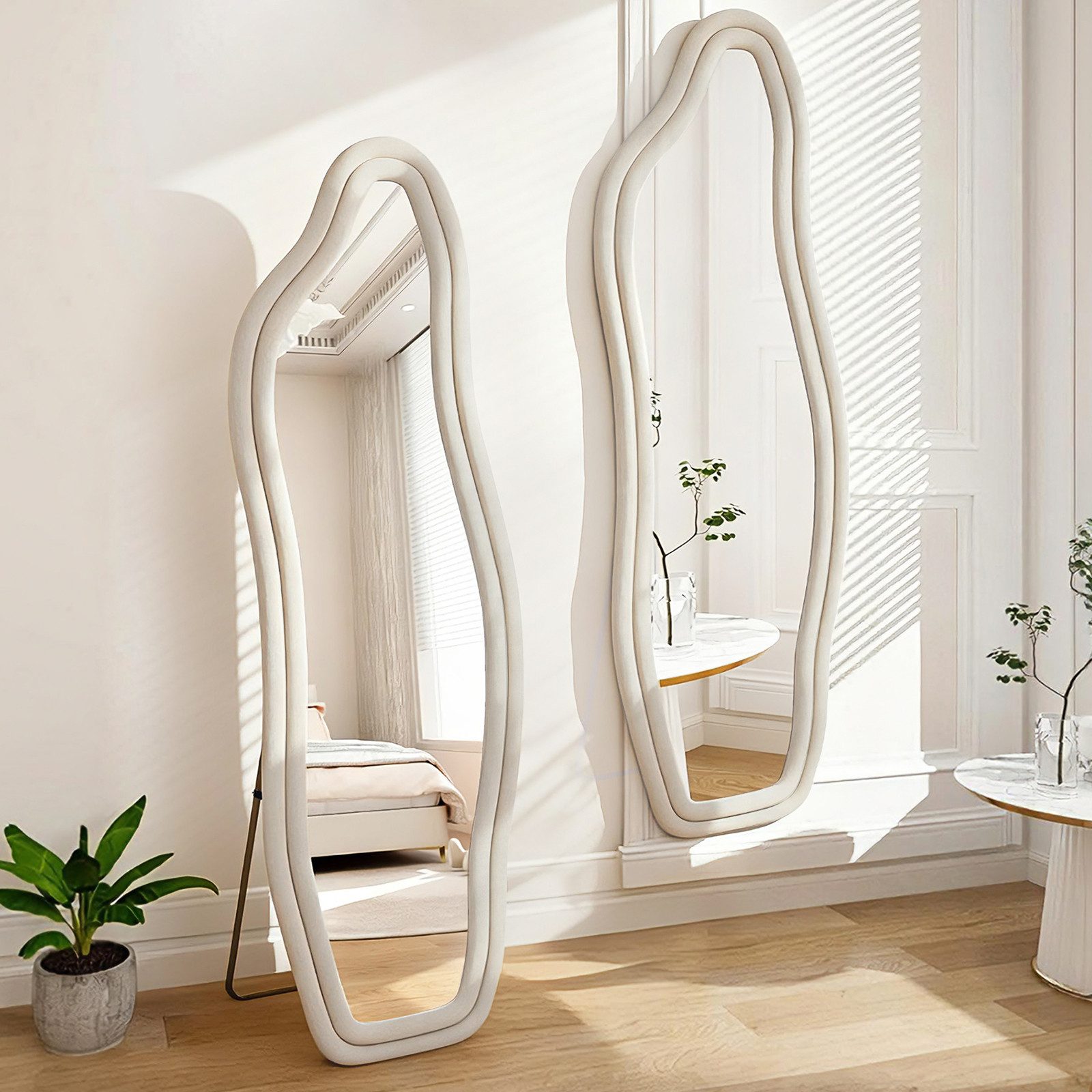 zebery Ganzkörperspiegel Standspiegel Asymmetrisch stehend & hängend (Set, 1-St), Samt Rahmen,Weiß,140x45cm