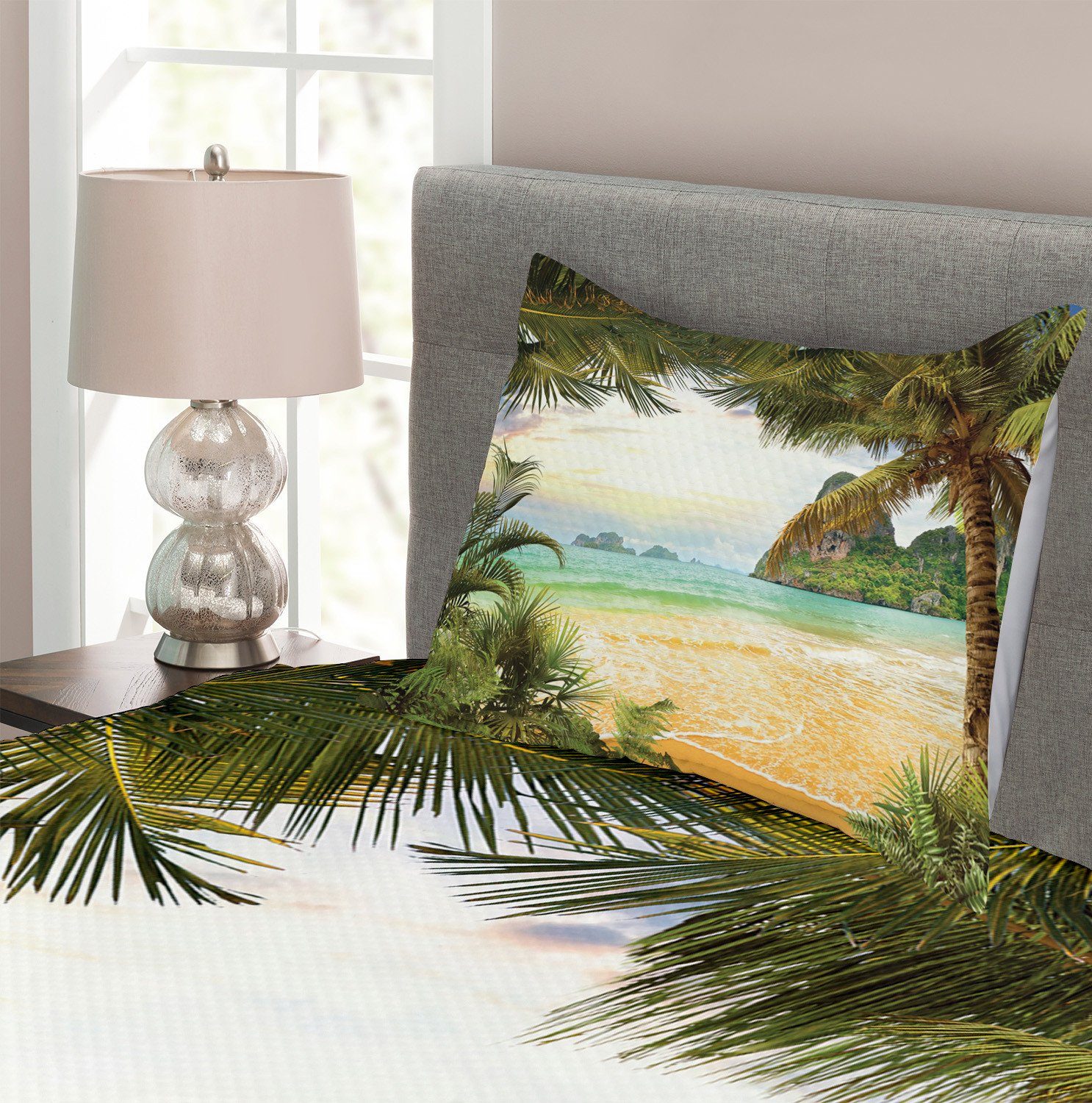 mit Kokosnussbäume Strand Insel Set Abakuhaus, Kissenbezügen Palm Waschbar, Tagesdecke