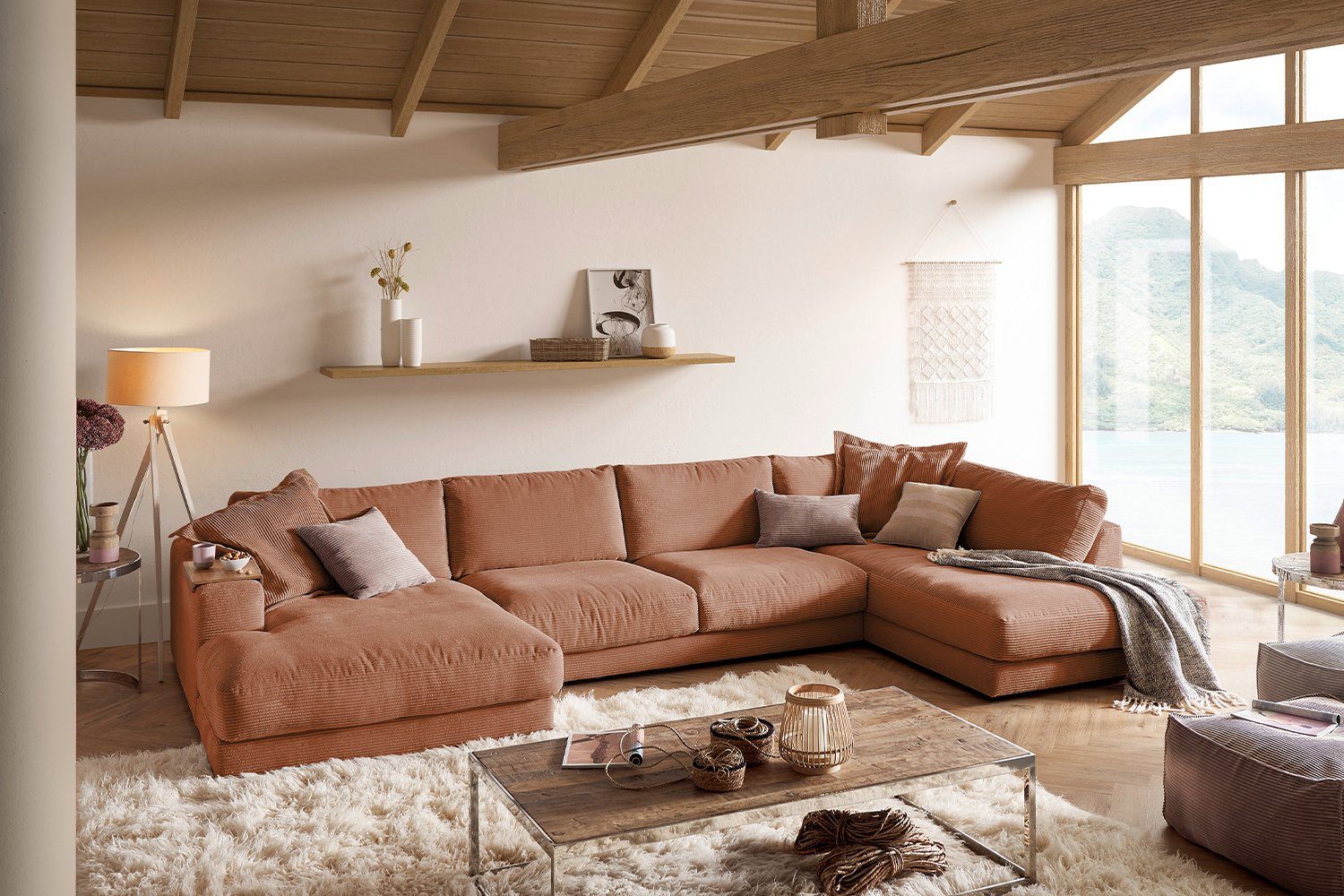 KAWOLA Wohnlandschaft MADELINE, Sofa U-Form Cord, Longchair rechts od. links, versch. Farben rost