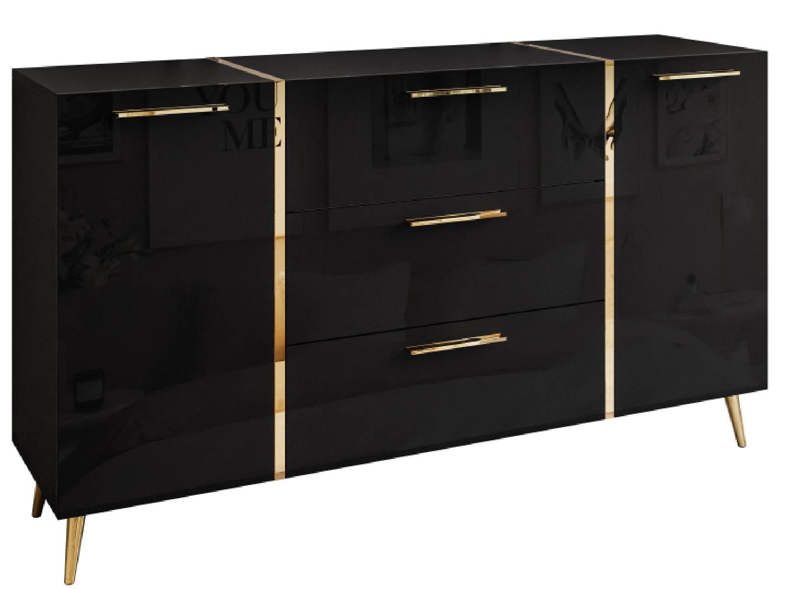 yourhouse24 Kommode ONYX goldenen Beinen Sideboard Hochglanz Push-Open / Goldgriffe 158 cm