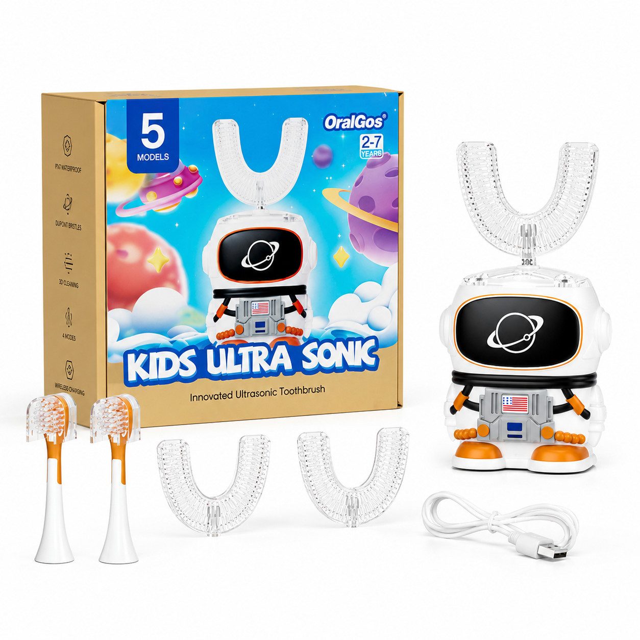Tekoo Elektrische Kinderzahnbürste U-Form Kinder Schallzahnbürste 360° Reinigung elektrisch IPX7, Aufsteckbürsten: 3 St., inkl. 3 Bürstenköpfe, 360° Reinigung,IPX7 wasserdicht,5 Putzmodi,60s intelligenter Timer