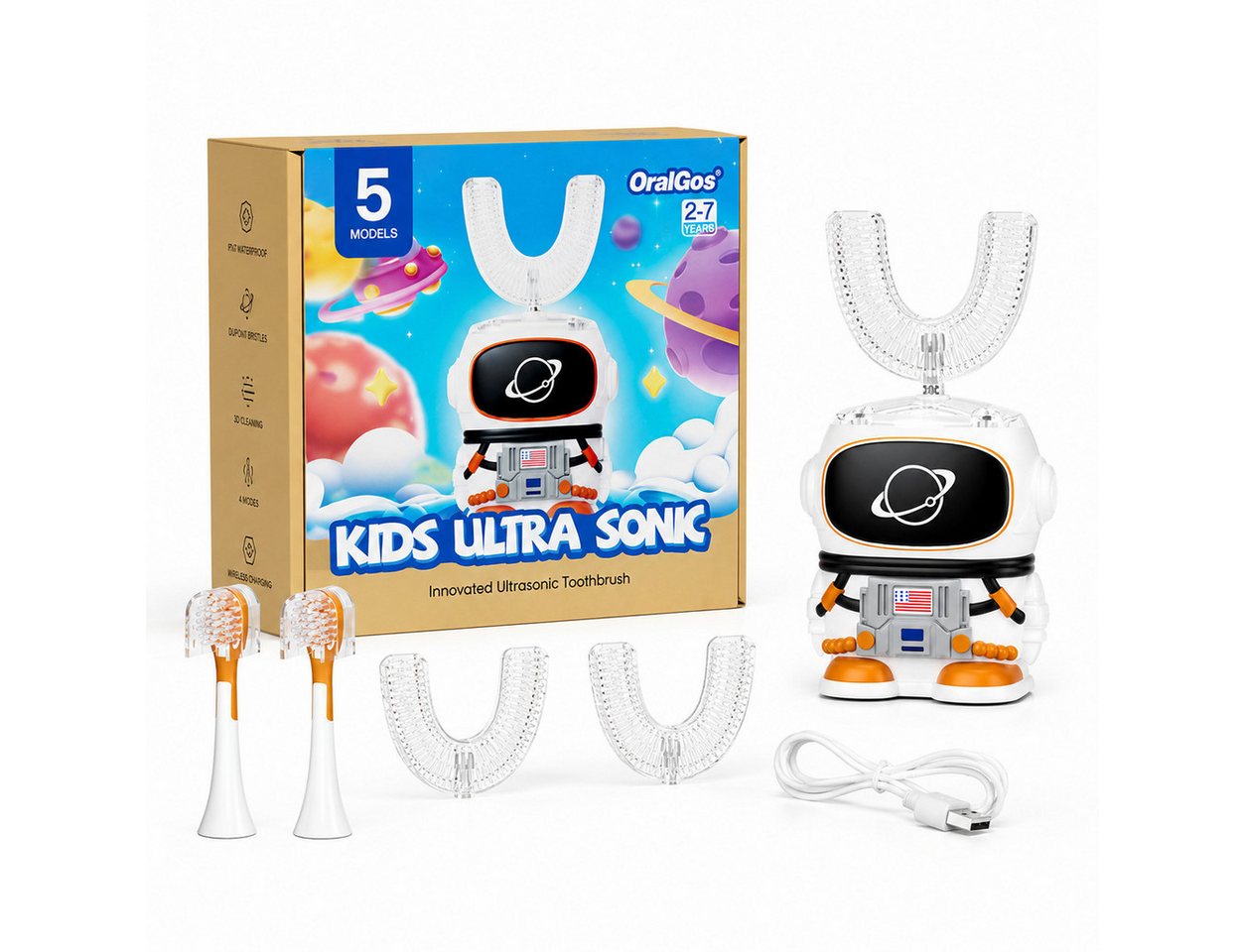 Tekoo Elektrische Kinderzahnbürste U-Form Kinder Schallzahnbürste 360° Reinigung elektrisch IPX7, Aufsteckbürsten: 3 St., inkl. 3 Bürstenköpfe, 360° Reinigung,IPX7 wasserdicht,5 Putzmodi,60s intelligenter Timer