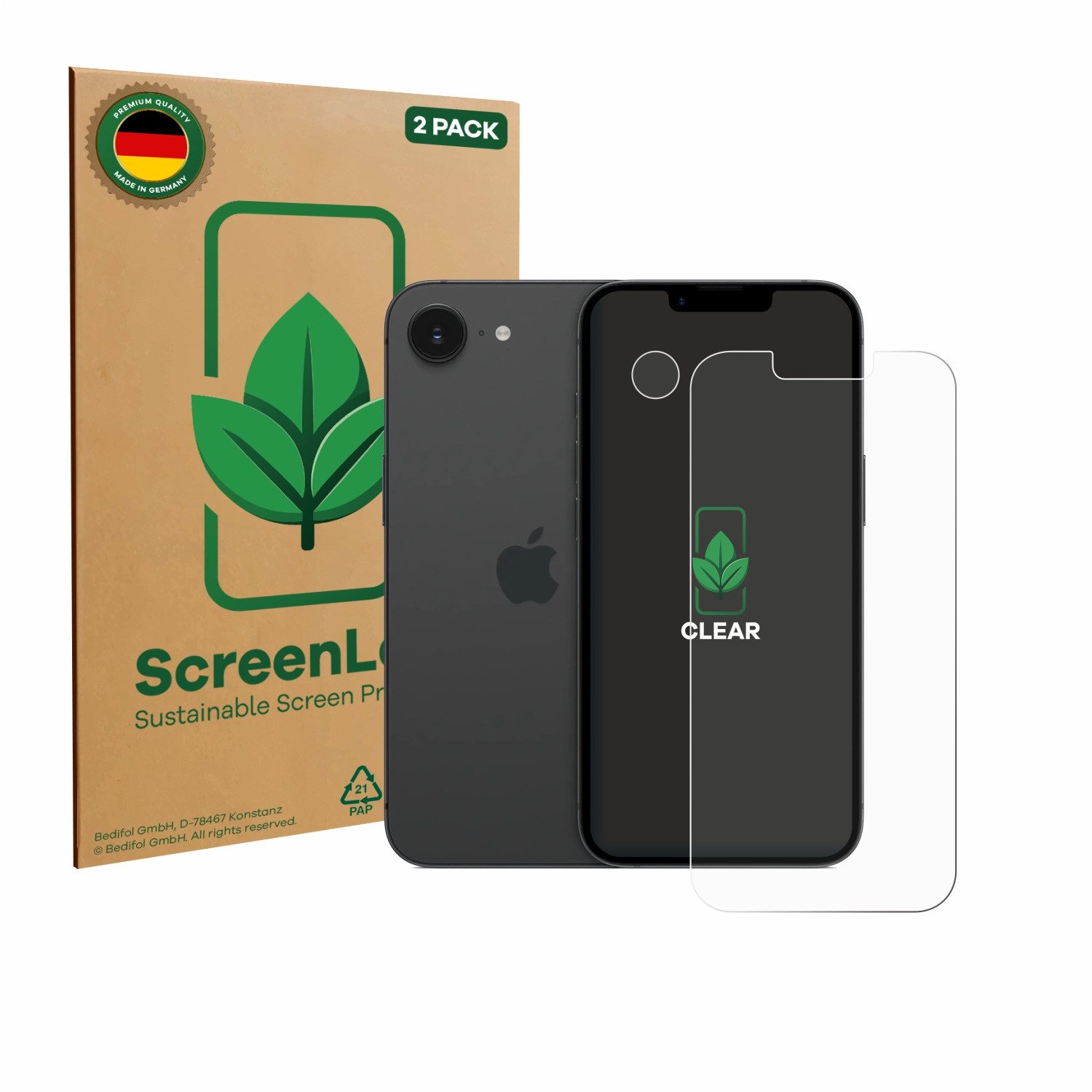 ScreenLeaf Displayschutzfolie Schutzfolie für Apple iPhone 17e (Display+Kamera), 2 Stück, nachhaltiger Displayschutz Schutz Folie Klar Transparent