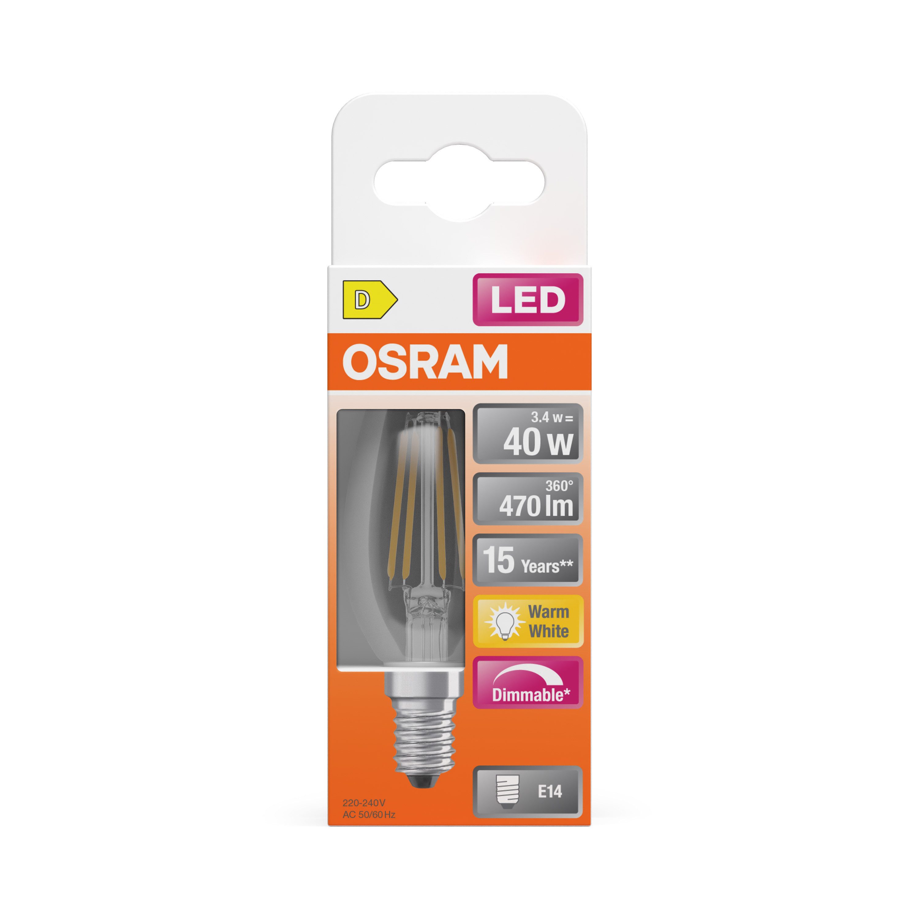 Osram LED-Leuchtmittel LED Retrofit CLASSIC Kerzenform, E14, 1 St., Warmweiß